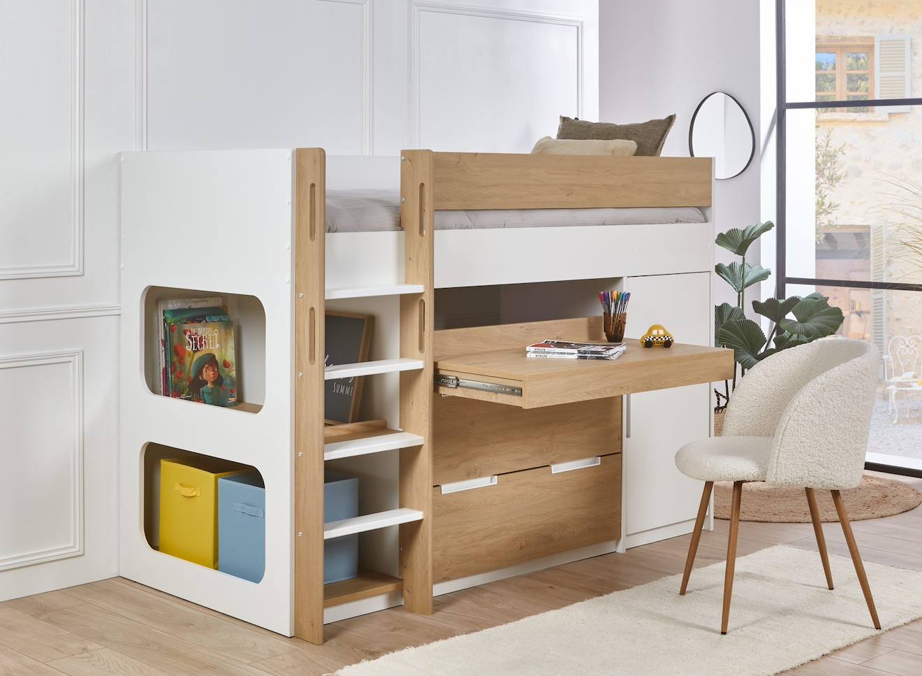 Lit Mi-hauteur Avec Bureau Et Rangement Palma Blanc & Bois
