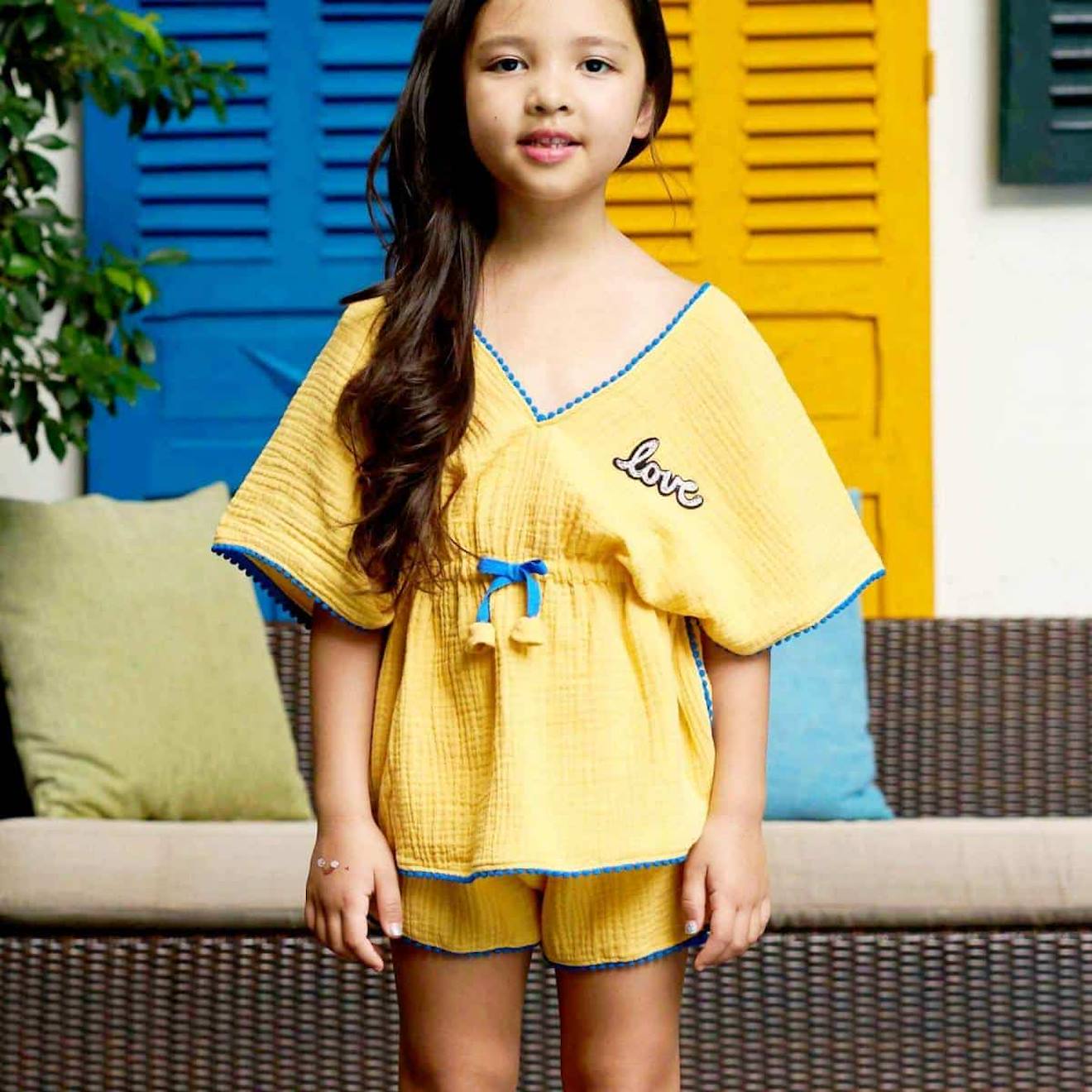 De Plage Tunique + Short / Bleu Roi Love Jaune Bleu Roi