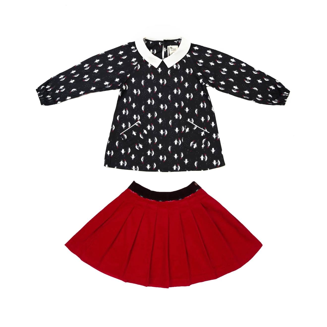 De Noël Blouse Col Claudine & Jupe Plissée Rouge Noir