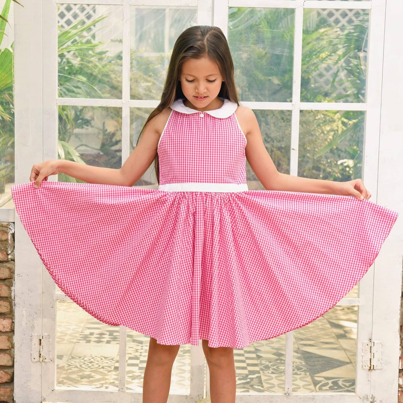 Robe Qui Tourne Été Carreaux Vichy Col Claudine Hepburn Rose Foncé Blanc