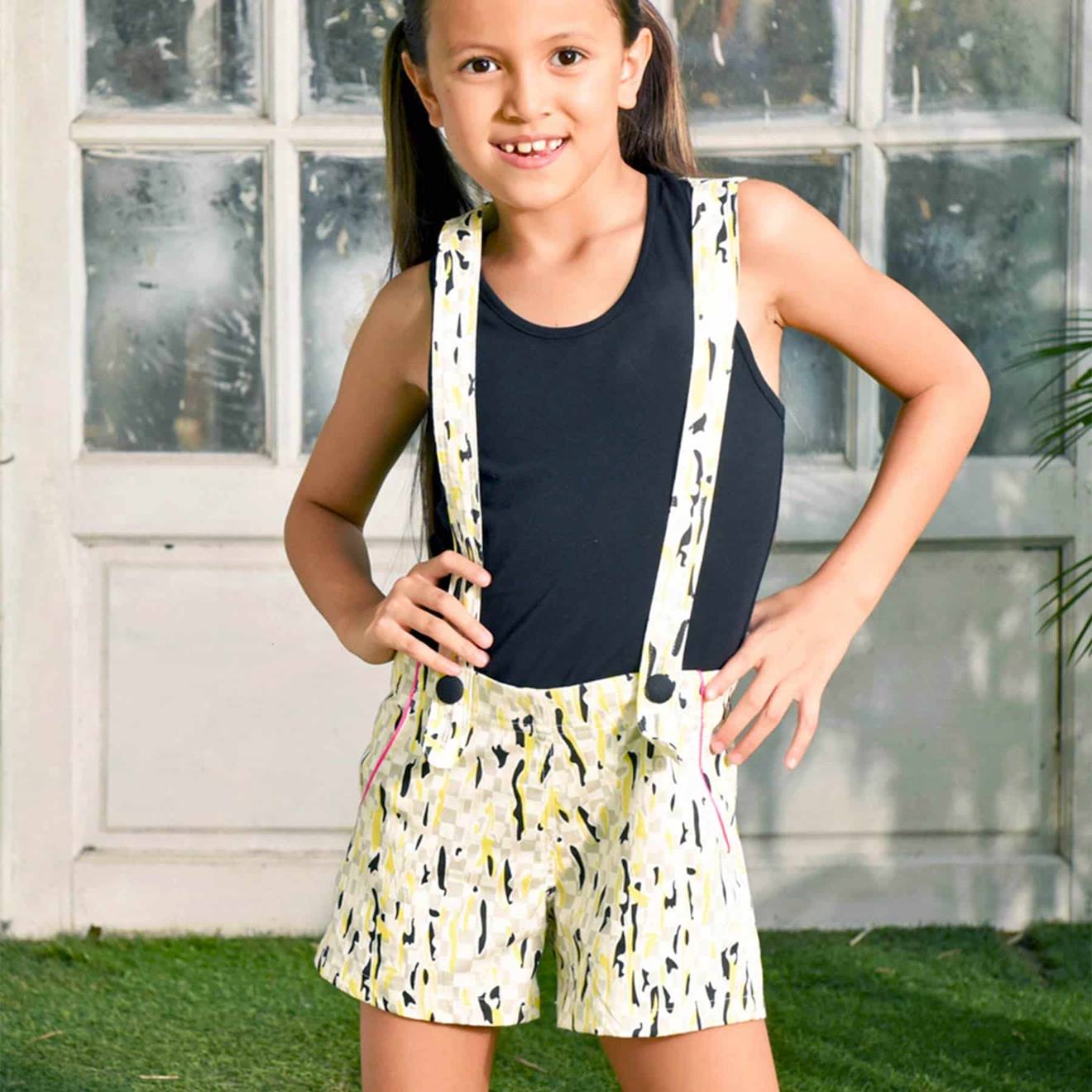 Short Salopette Été 2-en-1 Coton Charlotte Jaune Gris Fuchsia