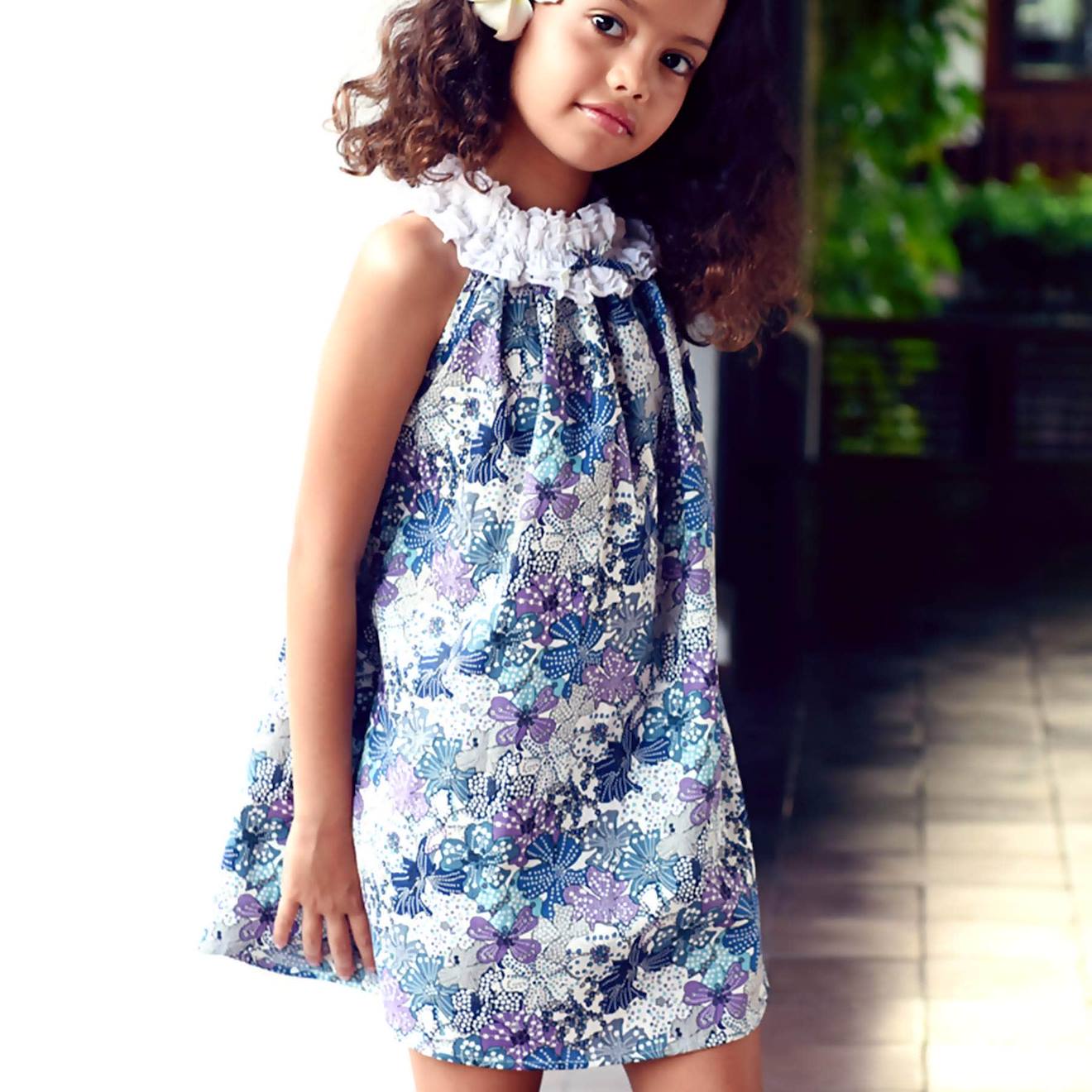 Robe Fleurie Liberty Avec Col Froufrous Manon Bleu Lilas