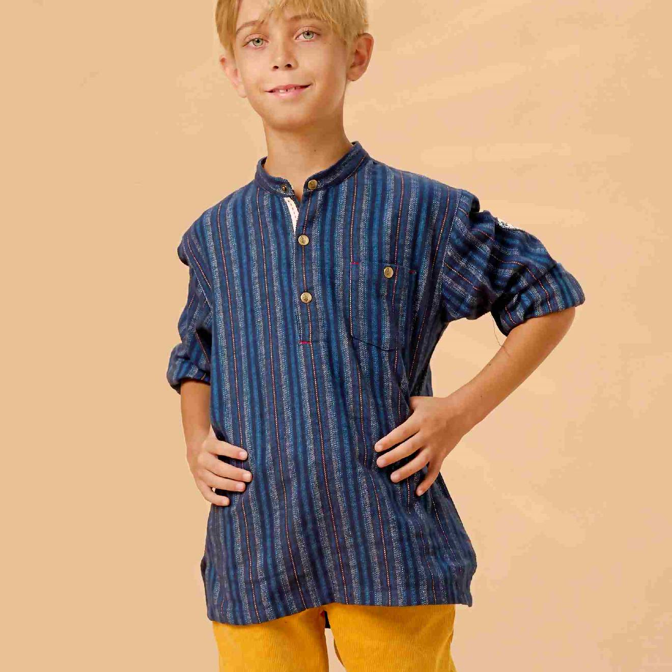 Chemise Flanelle Hiver Col Mao Rimbaud Bleu Foncé Bordeaux