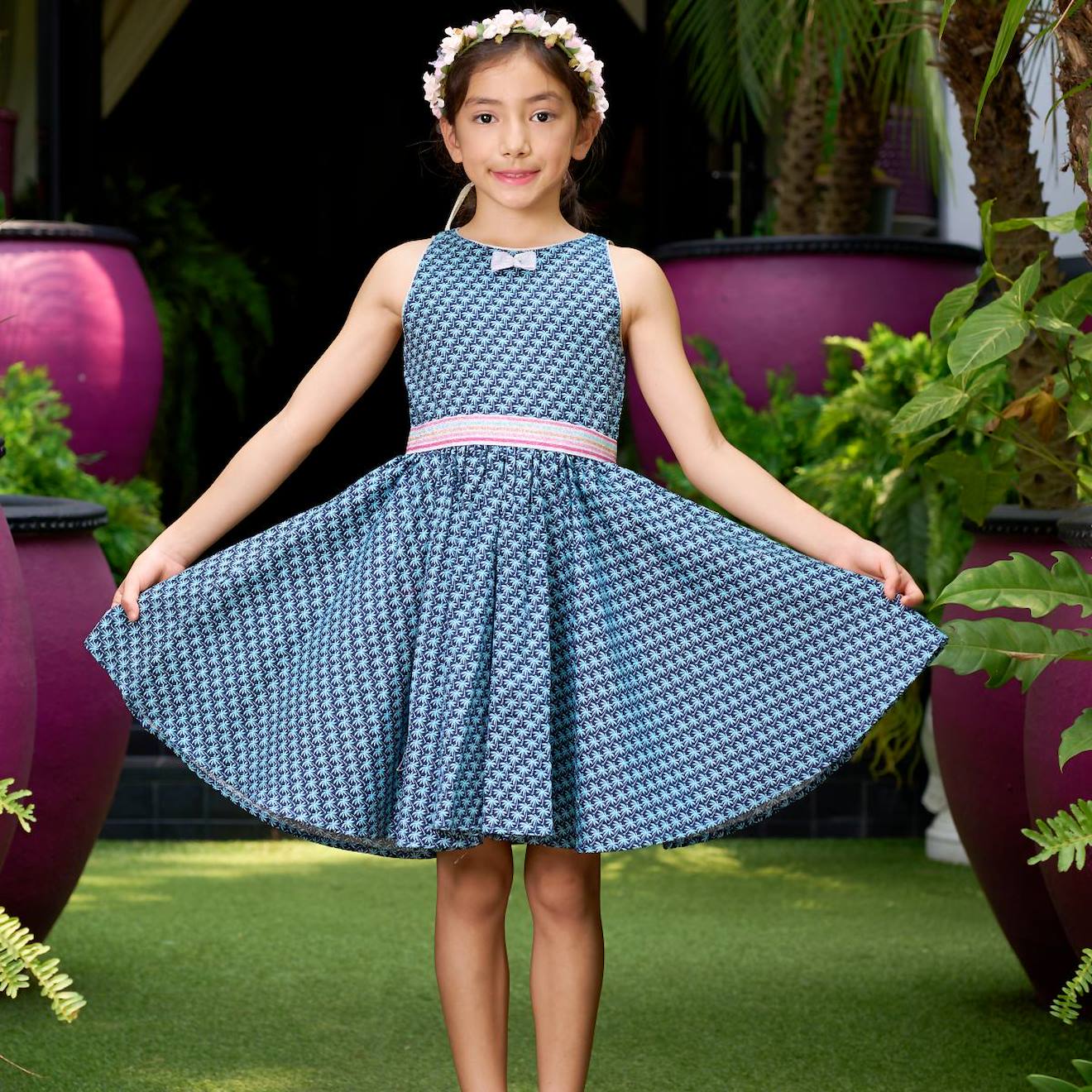 Robe Qui Tourne Été Palmiers Hepburn Bleu Foncé