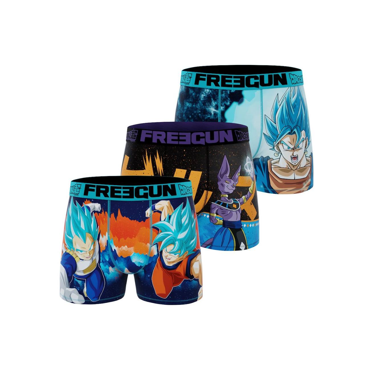 Lot De 3 Boxers Dragon Ball Beerus Goku Vegeta Vegeto Turquoise/violet/orange/noir