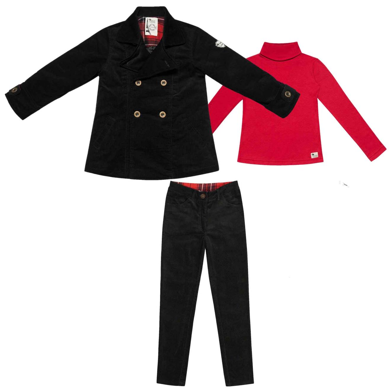 Cadeau Noël Caban + Pantalon Velours + Col Roulé Noir Rouge