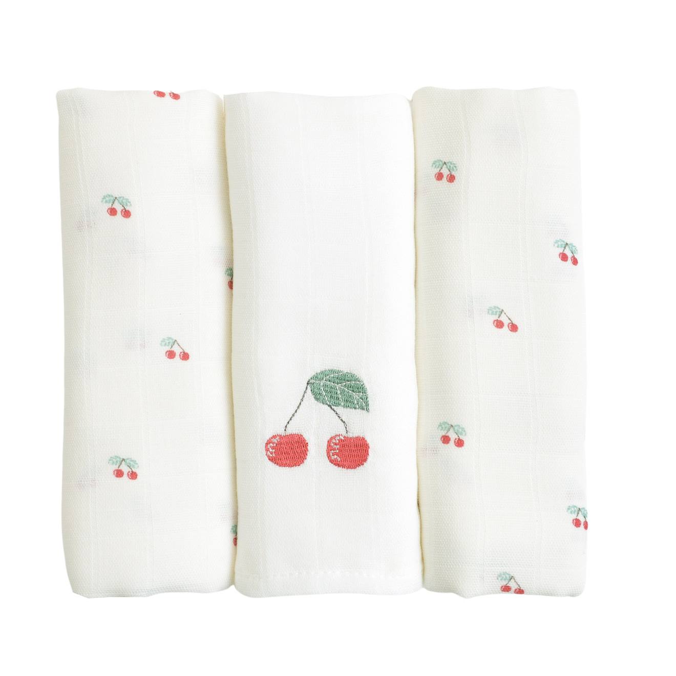 Little Crevette - Lot De 3 Langes Gaze De Coton Bio Cerises