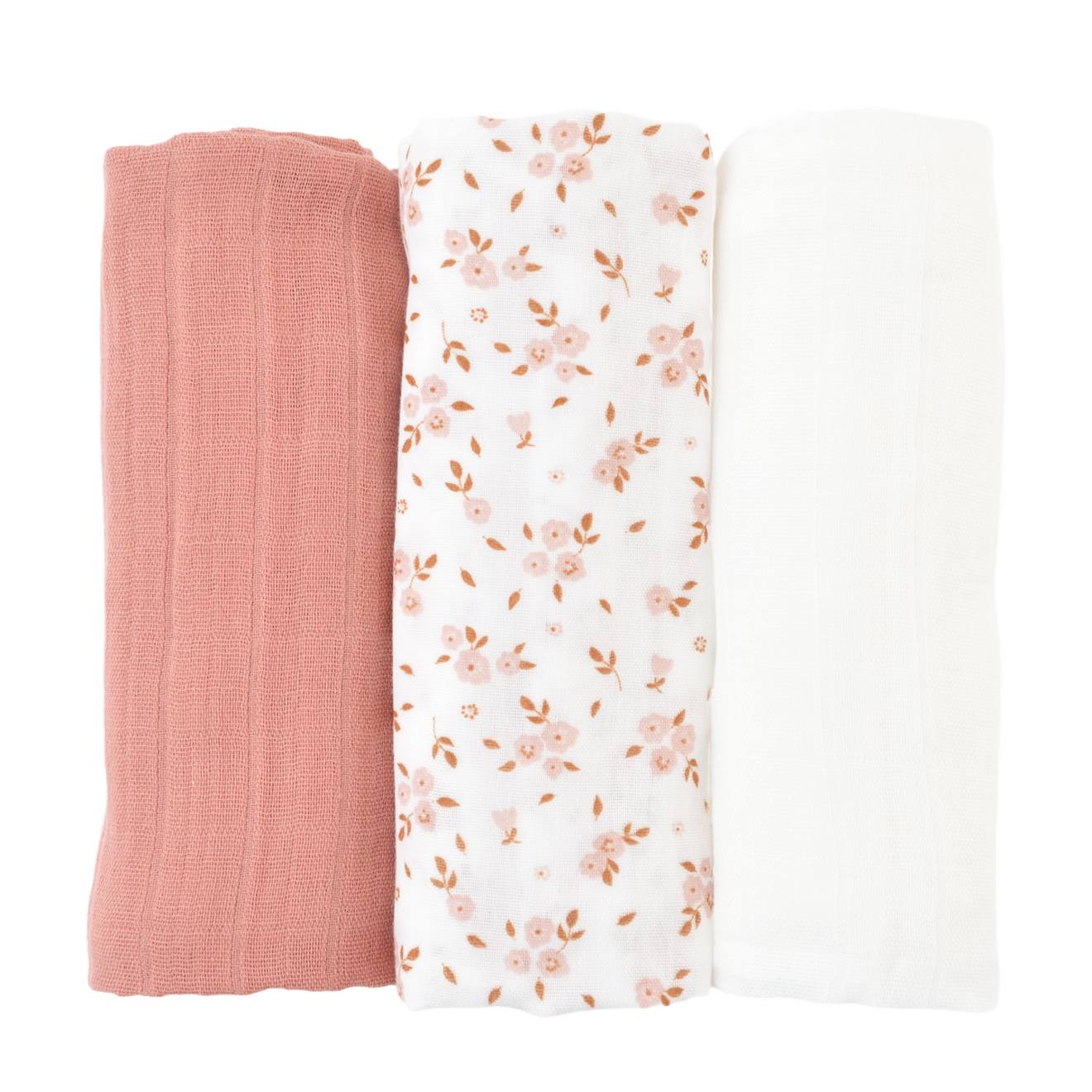 Lot De 3 Langes Gaze De Coton Bio Fleurs Roses