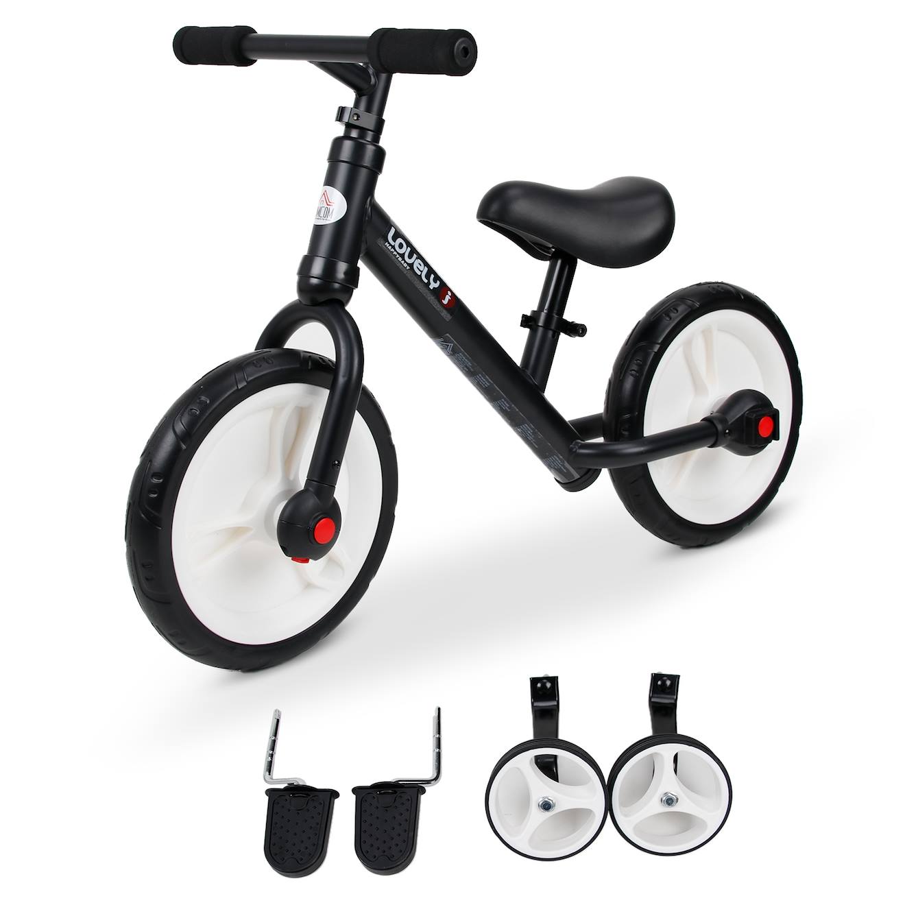 Vélo Enfant Draisienne 2 En 1 Roulettes Pédales Amovibles Hauteur Selle Réglable Noir