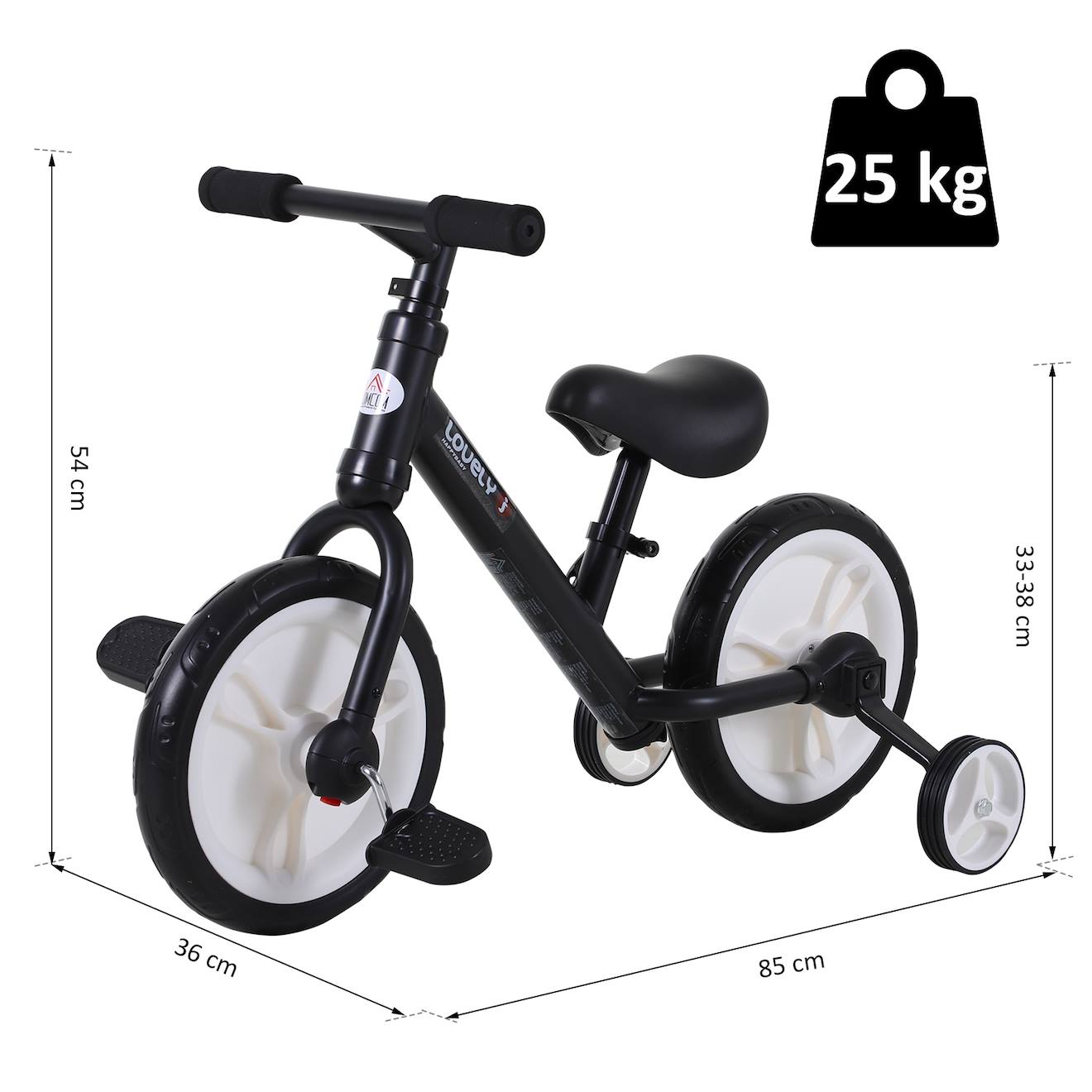 Vélo Enfant Draisienne 2 En 1 Roulettes Pédales Amovibles Hauteur Selle Réglable Noir (Homcom) - Image 2