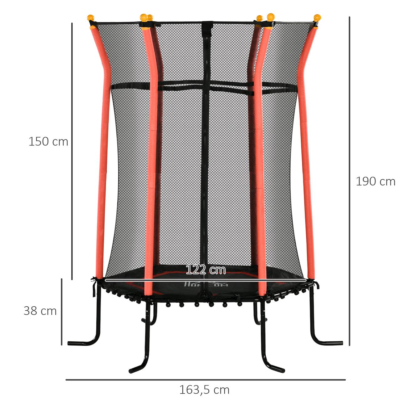 Trampoline Enfant Dia. 1,63 X 1,9h M Filet De Sécurité Porte Zippée 6 Poteaux Rembourrés Inclus Rouge