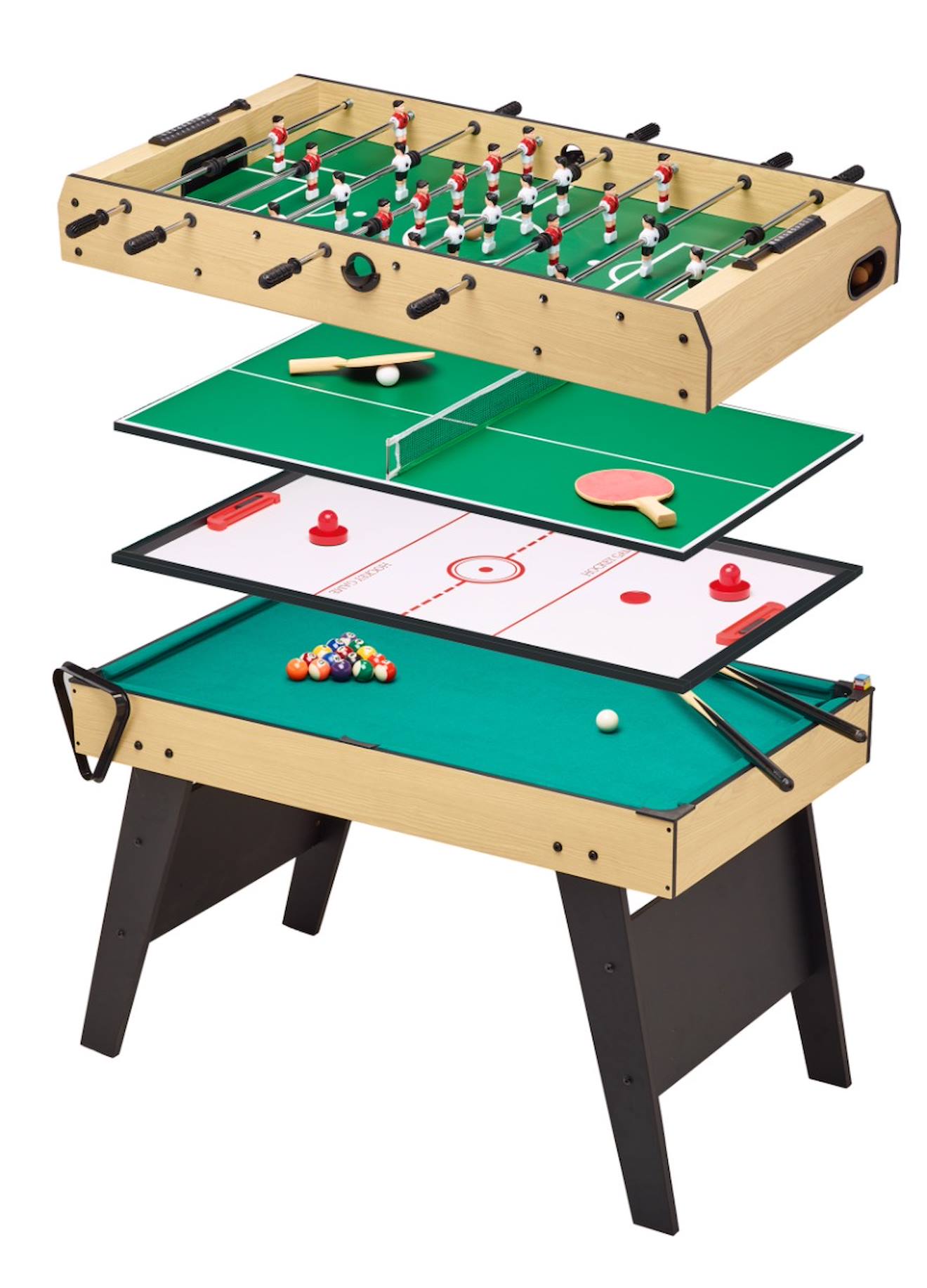 Table Multi Jeux 4 En 1 Pour Toute La Famille - Baby-foot - Billard - Ping Pong - Hockey Marron