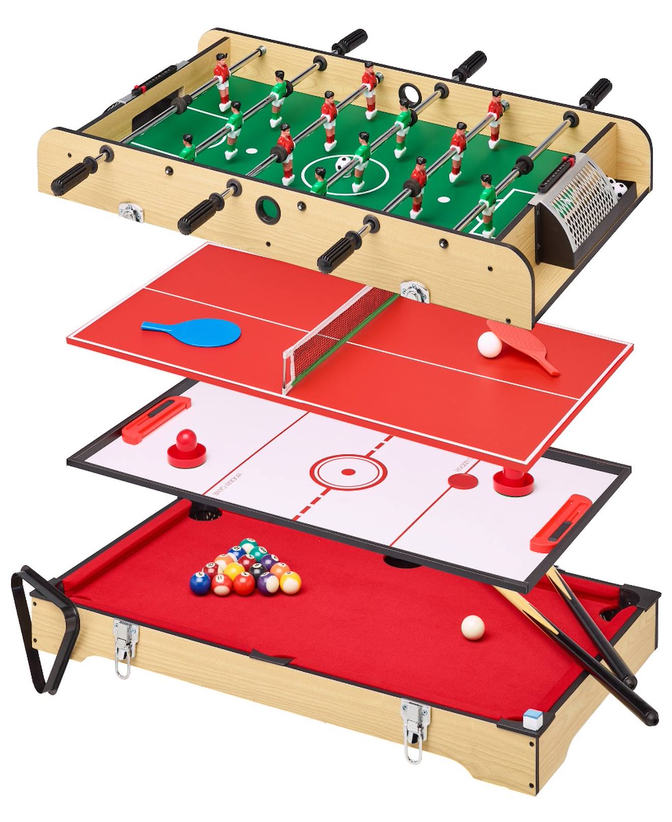 Kangui Table Multi Jeux 4 En 1 - Babyfoot Barres Télescopiques - Billard - Ping Pong - Hockey Marron
