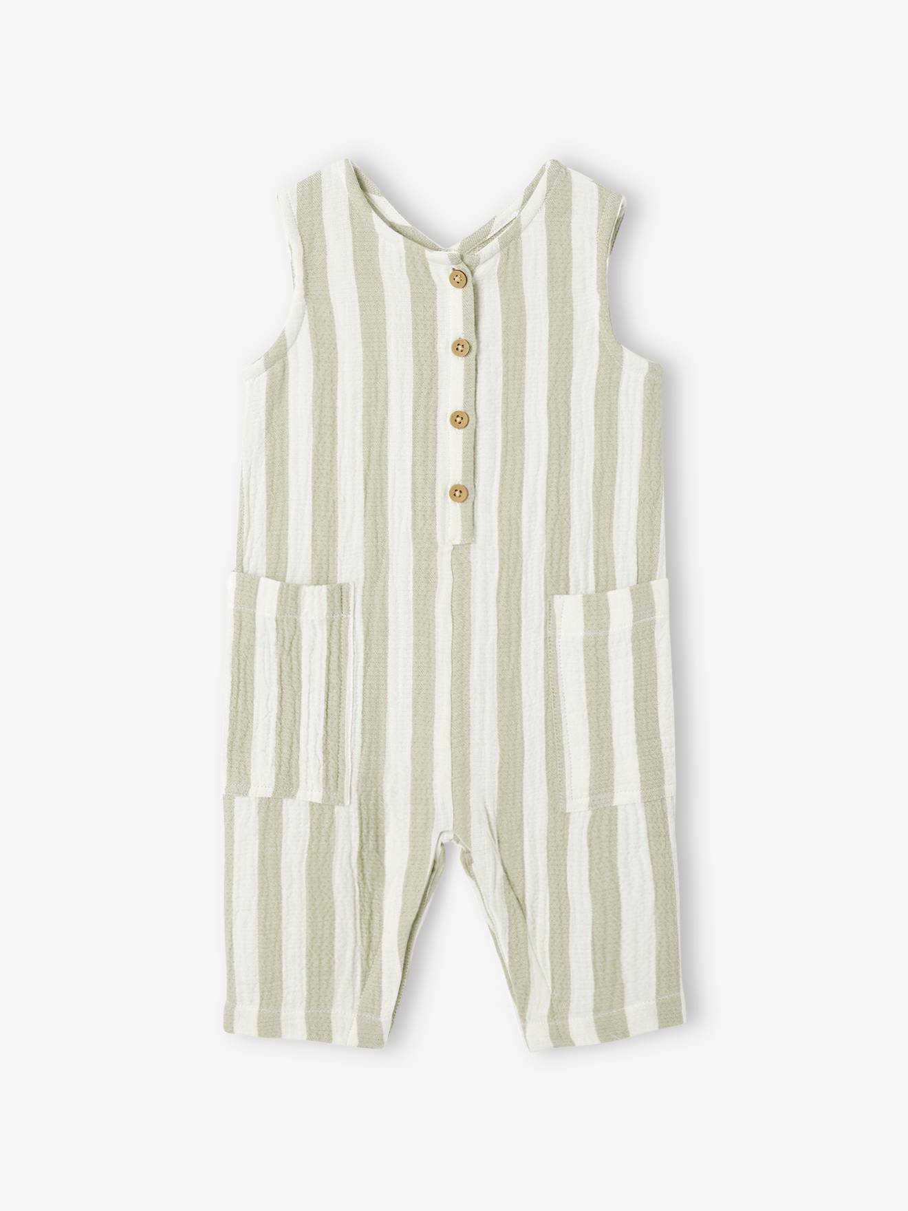 Combinaison rayée en gaze de coton bébé rayé vert