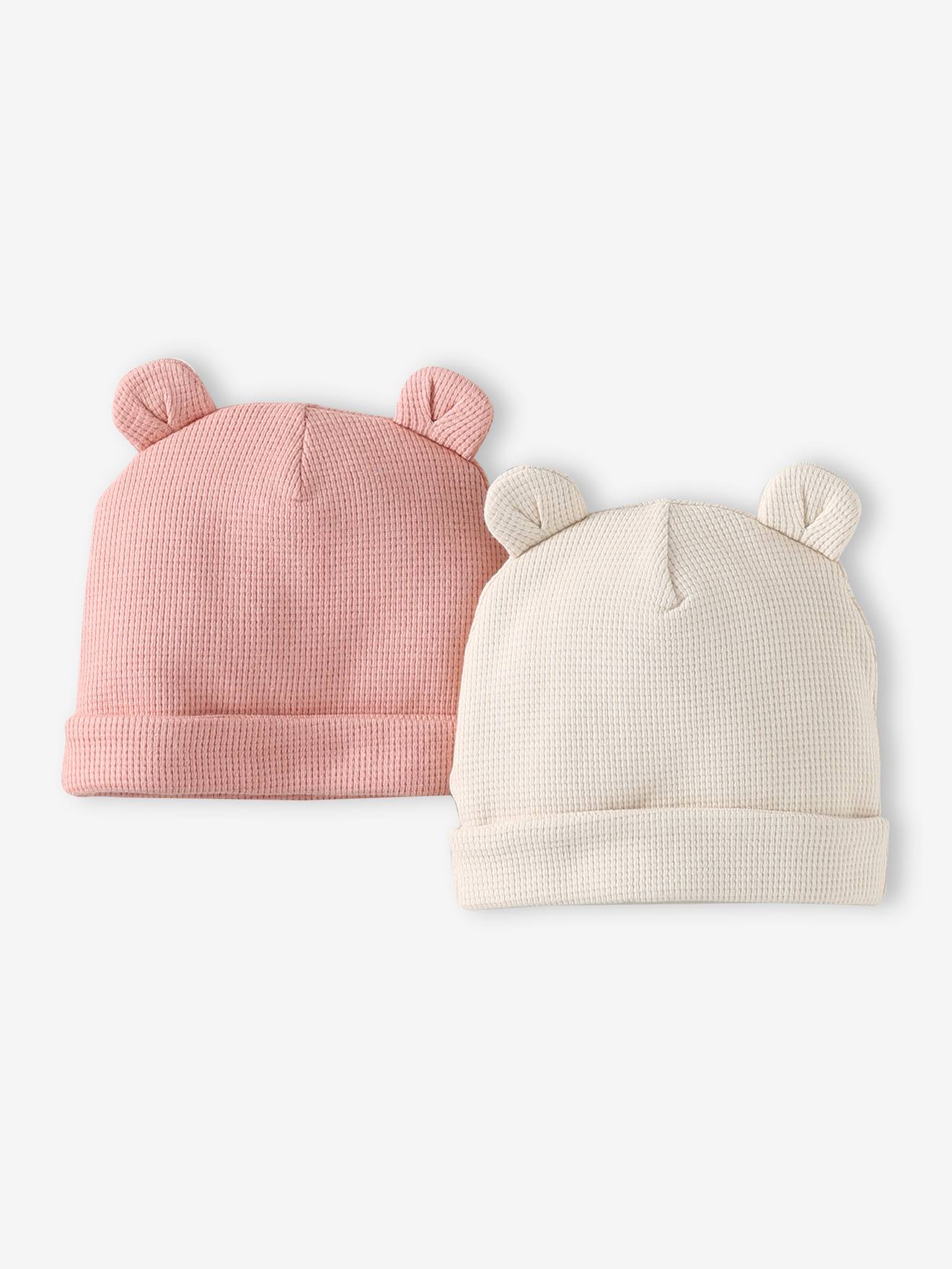 Lot de 2 bonnets naissance en coton rose poudré