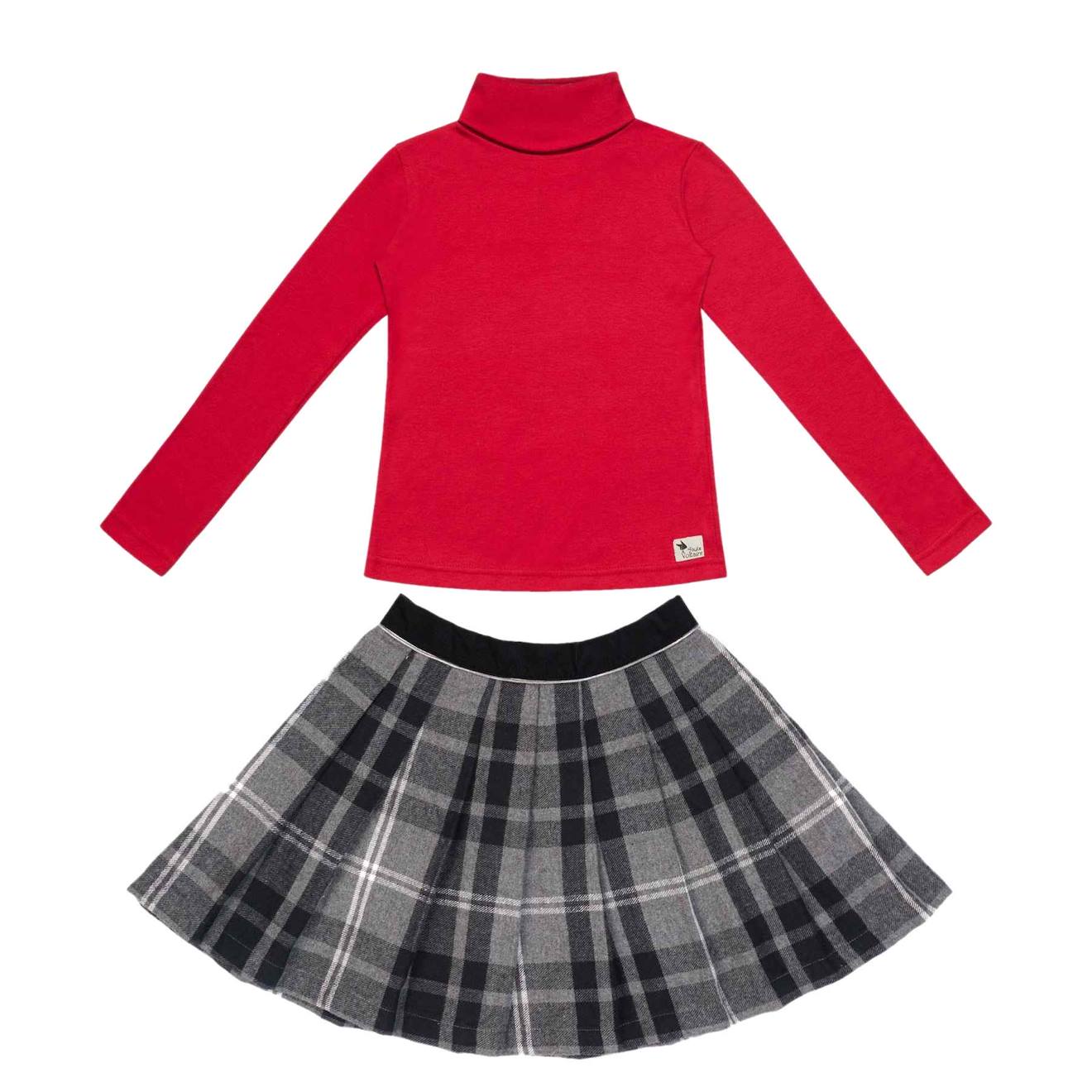 Ensemble Jupe Plissée Tartan & Pull Col Roulé Rouge Gris