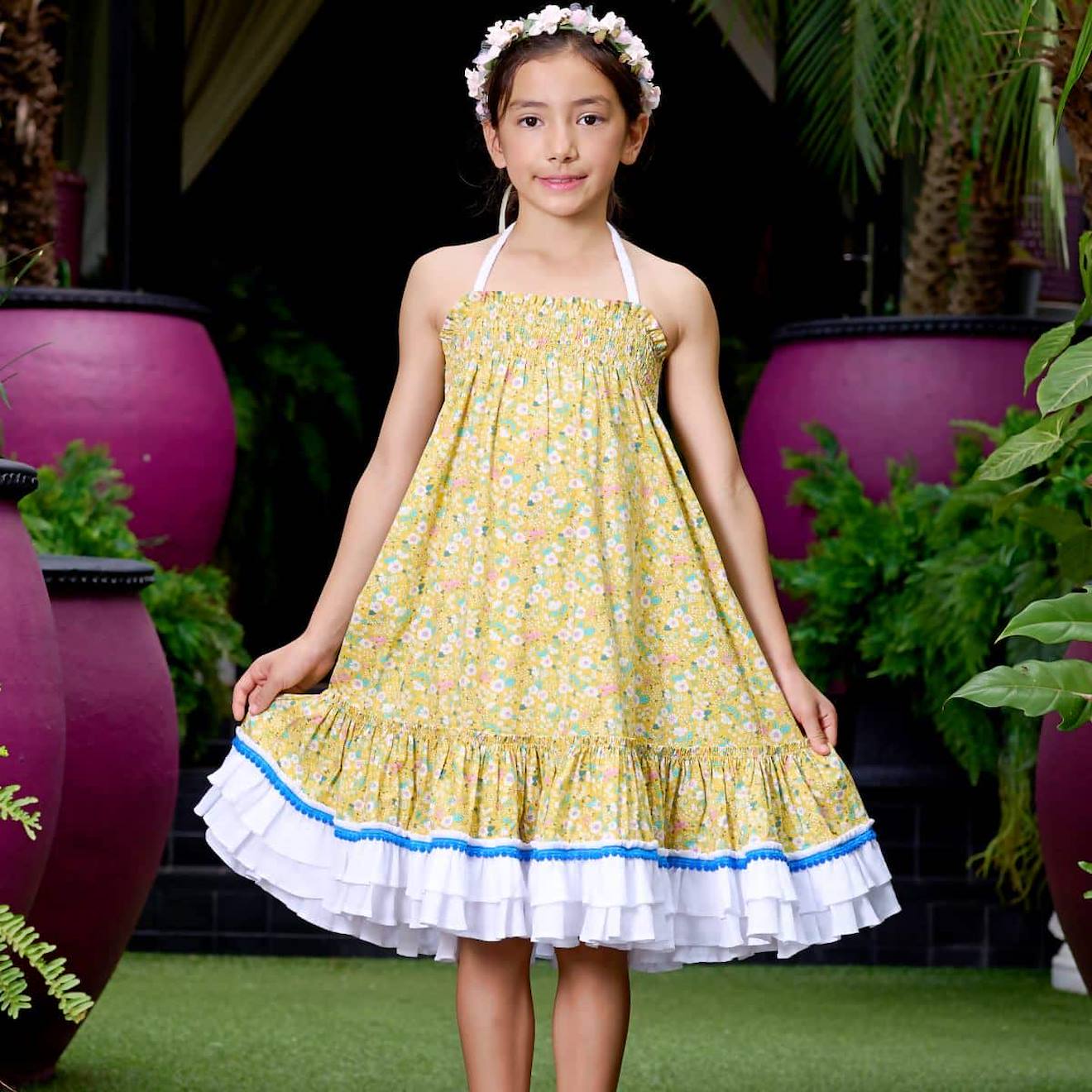 Robe Cérémonie Bohème Fleurie Liberty Esmeralda Jaune Fleuri