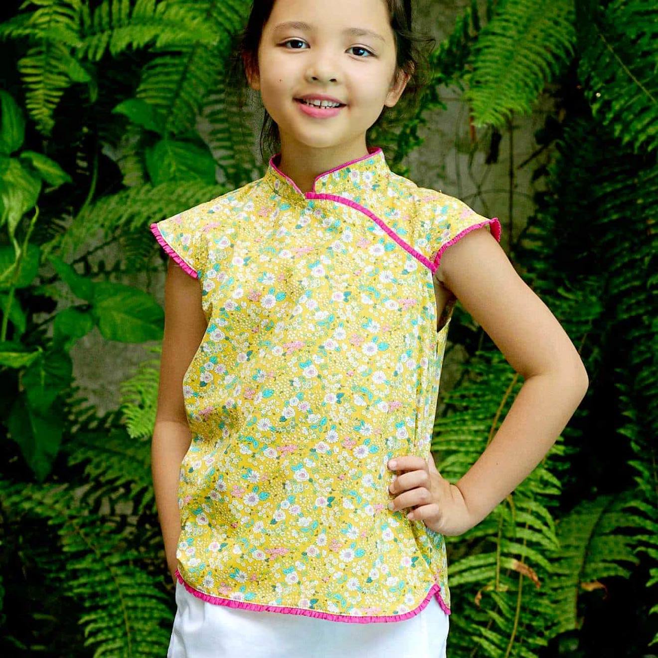 Blouse Chinoise Été Fleurie Annam Jaune Rose