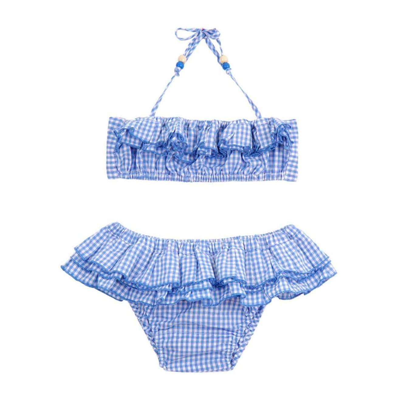 Maillot De Bain 2 Pièces Carreaux Vichy Swan Bleu Ciel Blanc