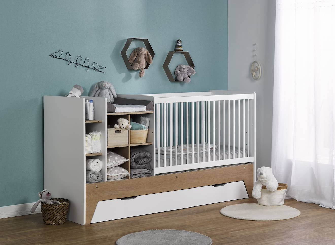 Lit Bébé Évolutif Combiné Ecrin Blanc & Bois (Chambrekids) - Image 1