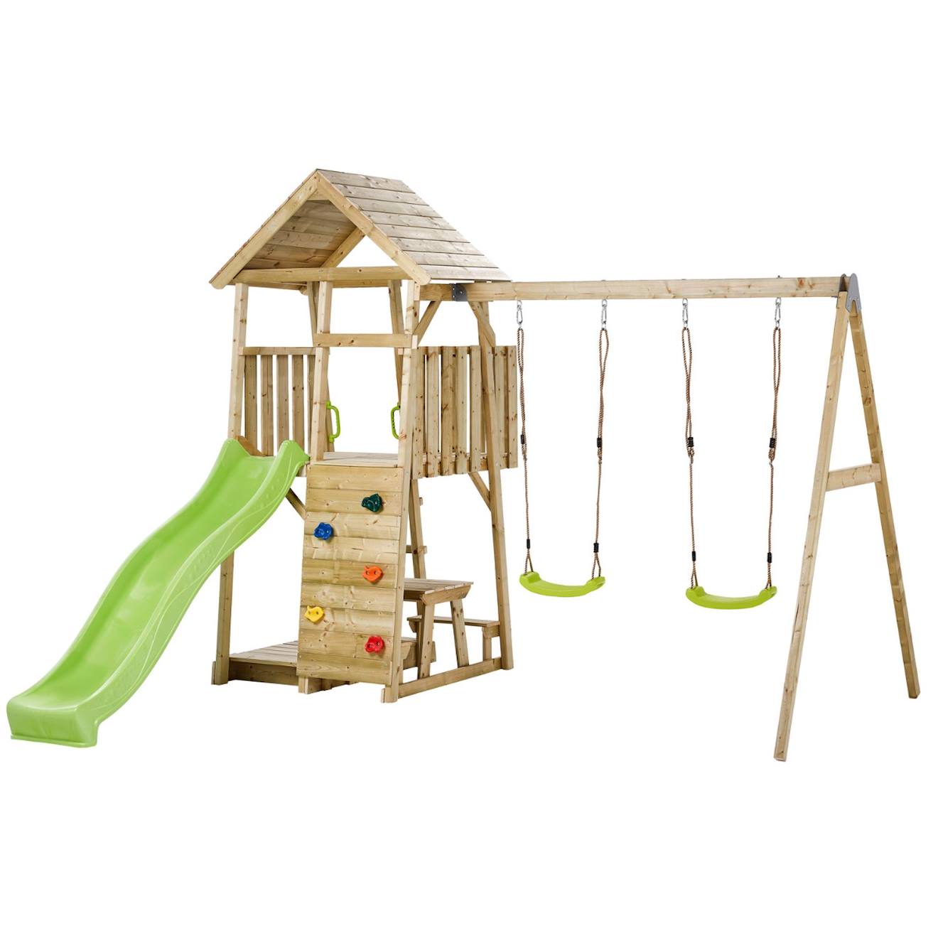 Aire De Jeux Portique En Bois Woodi - Double Balançoire, Toboggan, Mur D'escalade, Bac A Sable, Table Pique Nique, Cabane, Échelle Marron