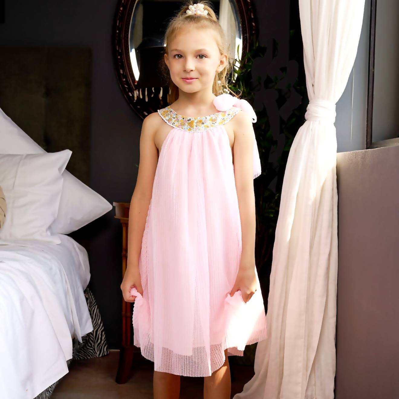 Robe Demoiselle D'honneur Col Fleuri Alizee Rose Jaune Floral