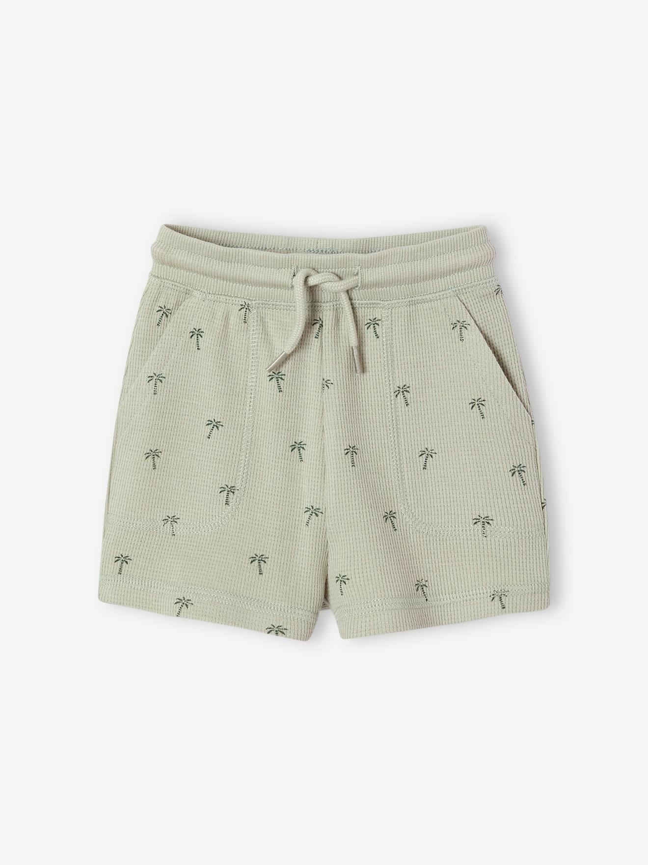 Short motifs palmiers maille nid d'abeille bébé vert de gris
