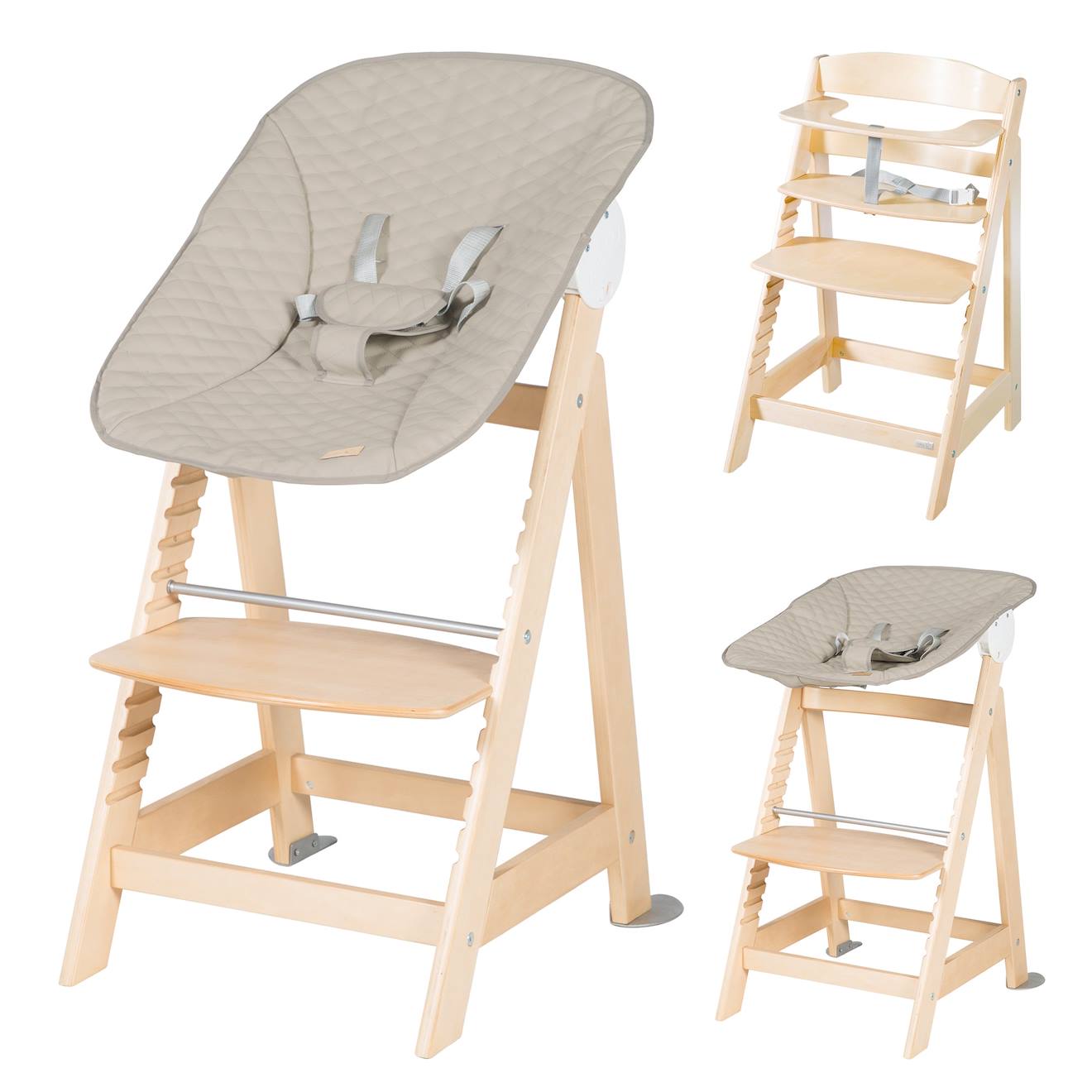 Chaise Haute Évolutive Et Inclinable Avec Transat Déperlant Born Up Naturel - Grège