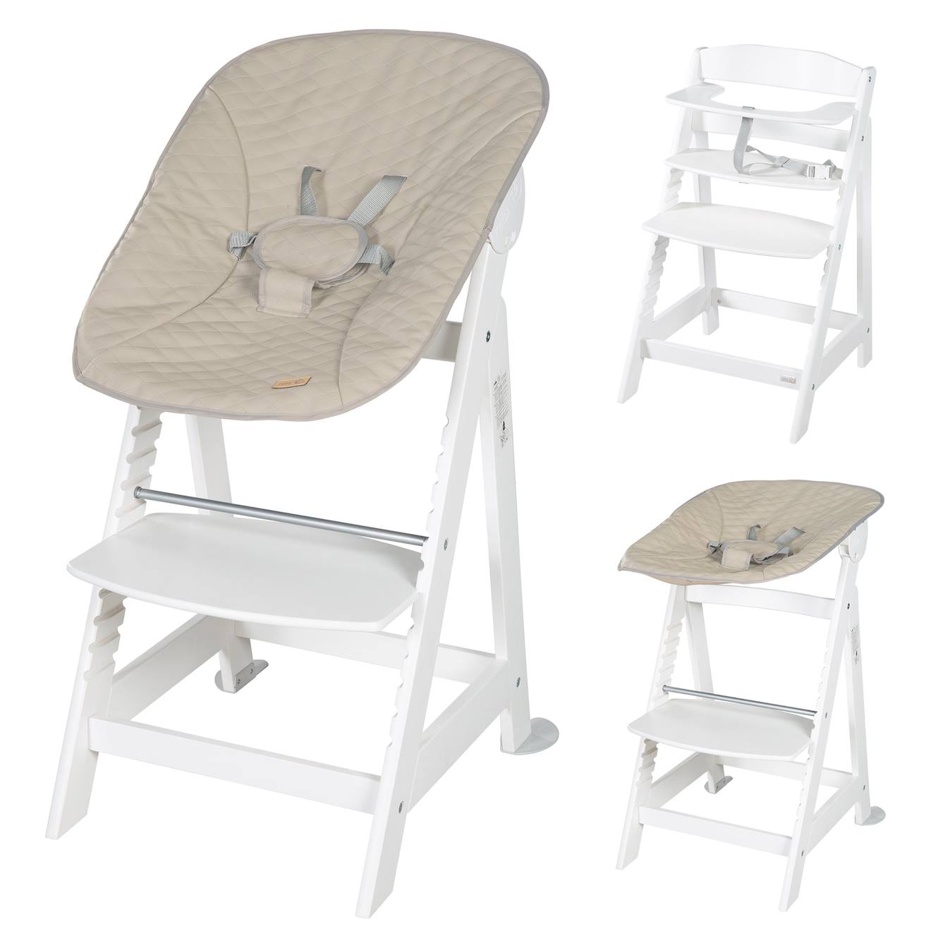 Chaise Haute Évolutive Et Inclinable Avec Transat Déperlant Born Up Blanc - Grège