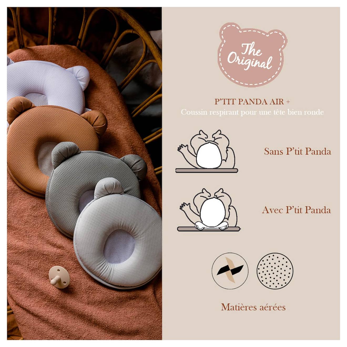 Coussin Cale Tête Bébé P'tit Panda Air+ Marsala Gris (Candide) - Image 3