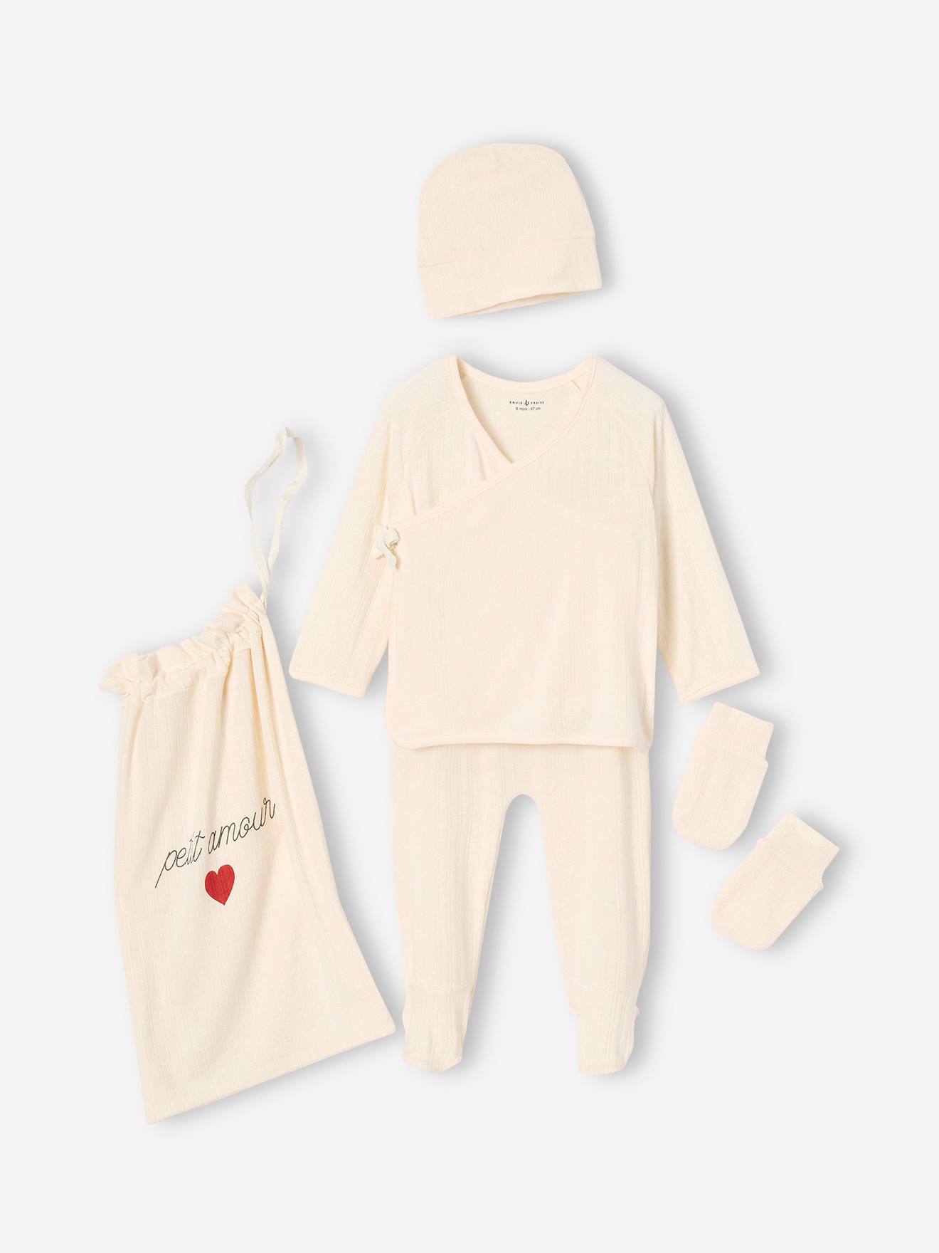 Kit naissance 5 pièces personnalisable : brassière + pantalon + bonnet + gants + pochon ENVIE DE FRAISE écru