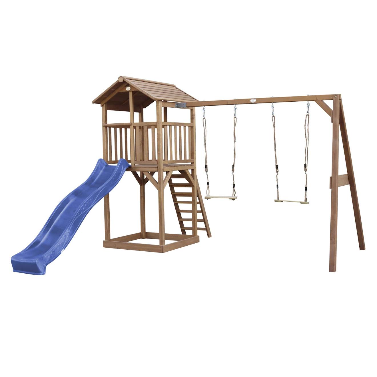 Aire De Jeux En Bois Avec 2 Balançoires Et Toboggan Bleu