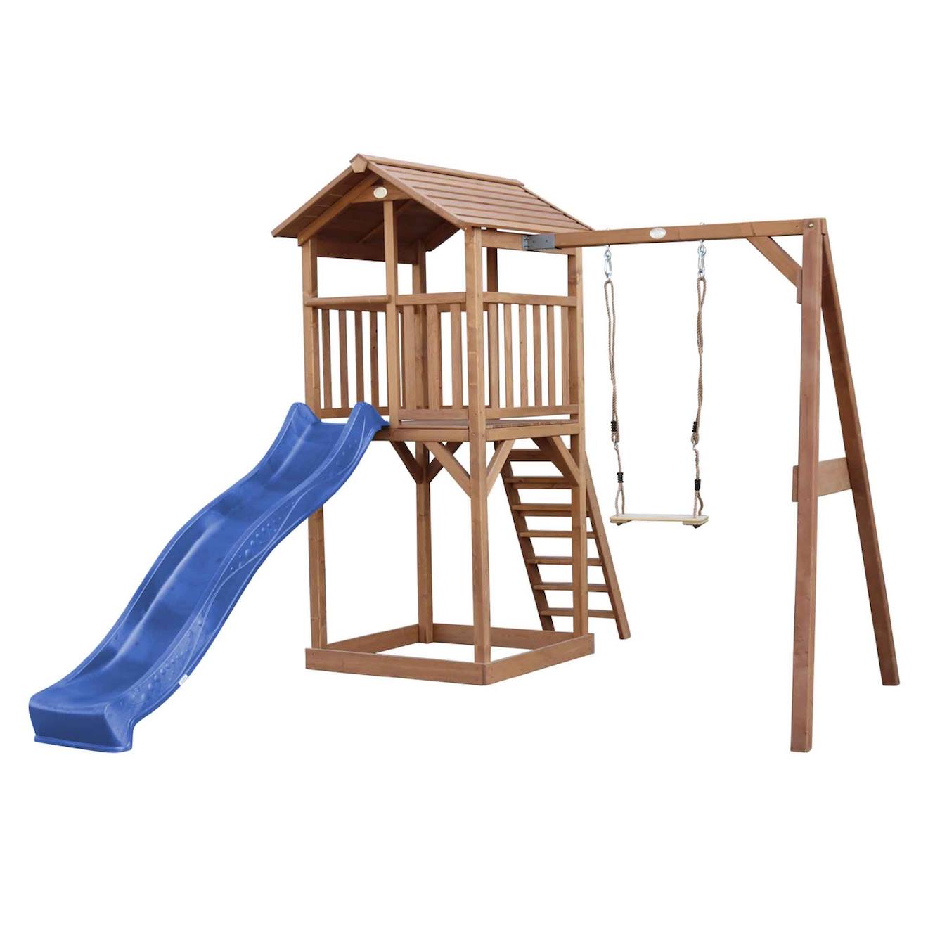 Tour De Jeu En Bois Marron Avec Grand Toboggan Balançoire Bleu