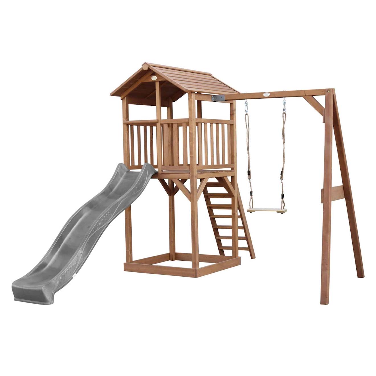 Tour De Jeu En Bois Marron Avec Grand Toboggan Balançoire Gris