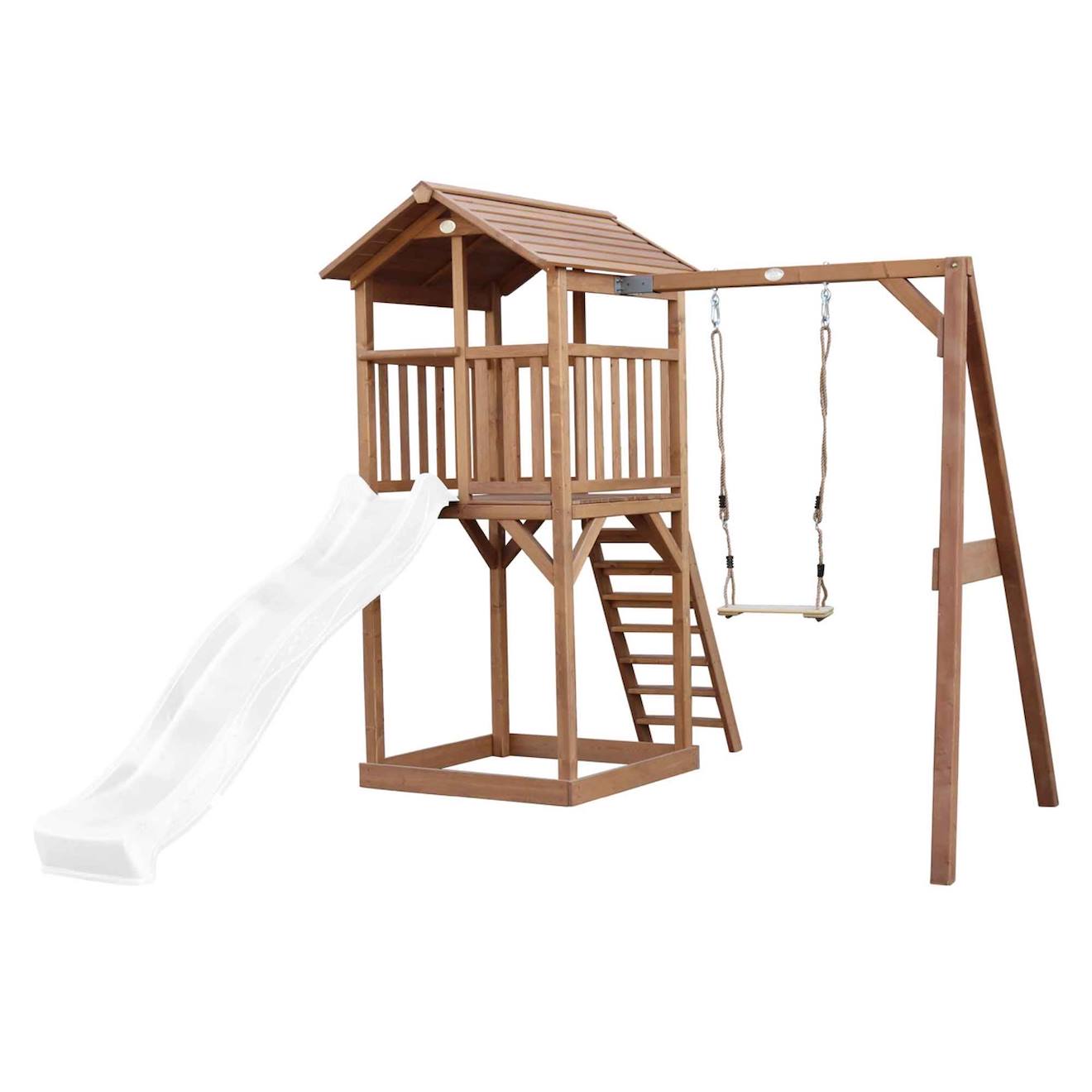 Tour De Jeu En Bois Marron Avec Grand Toboggan Balançoire Blanc