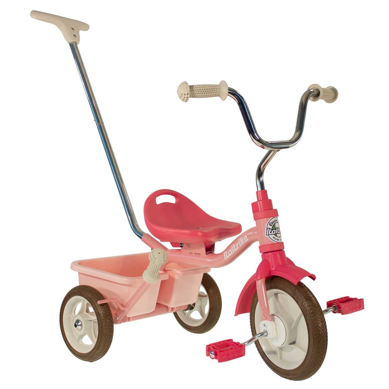 Tricycle Métal Avec Canne Et Benne Rose