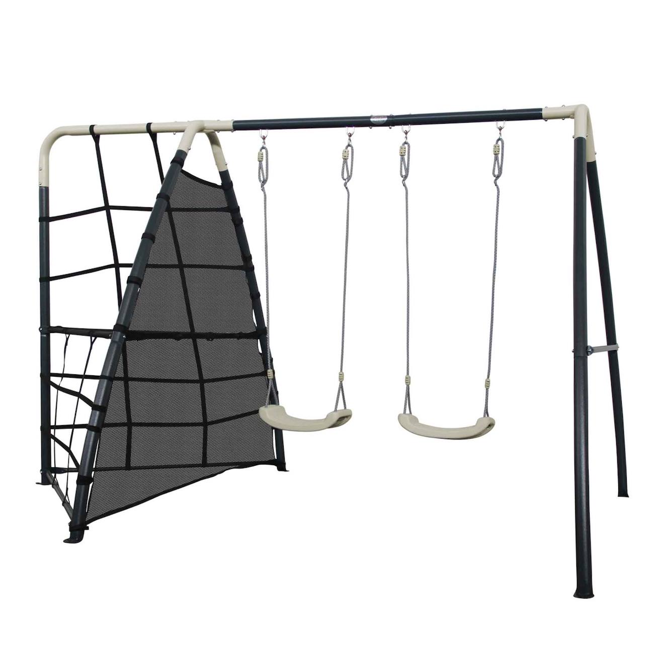 Balançoire Double Avec Mur D'escalade Gris