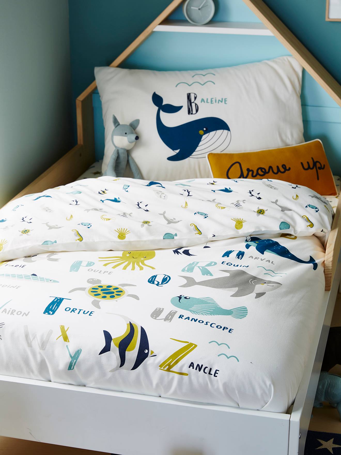 Parure housse de couette enfant et taie d'oreiller ABECEDAIRE MARIN ivoire