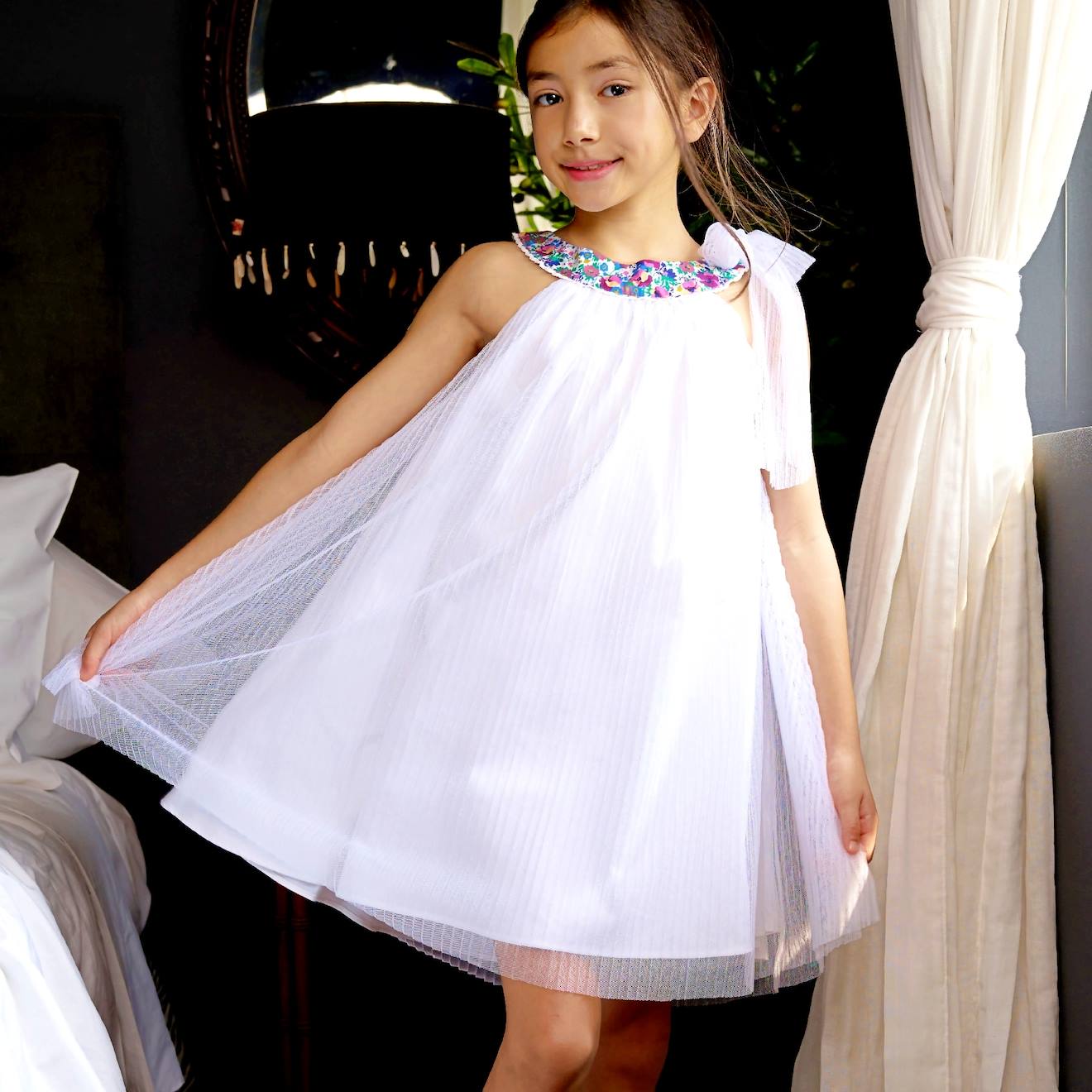 Robe Cérémonie Col Fleuri Alizee Blanc Violet Floral