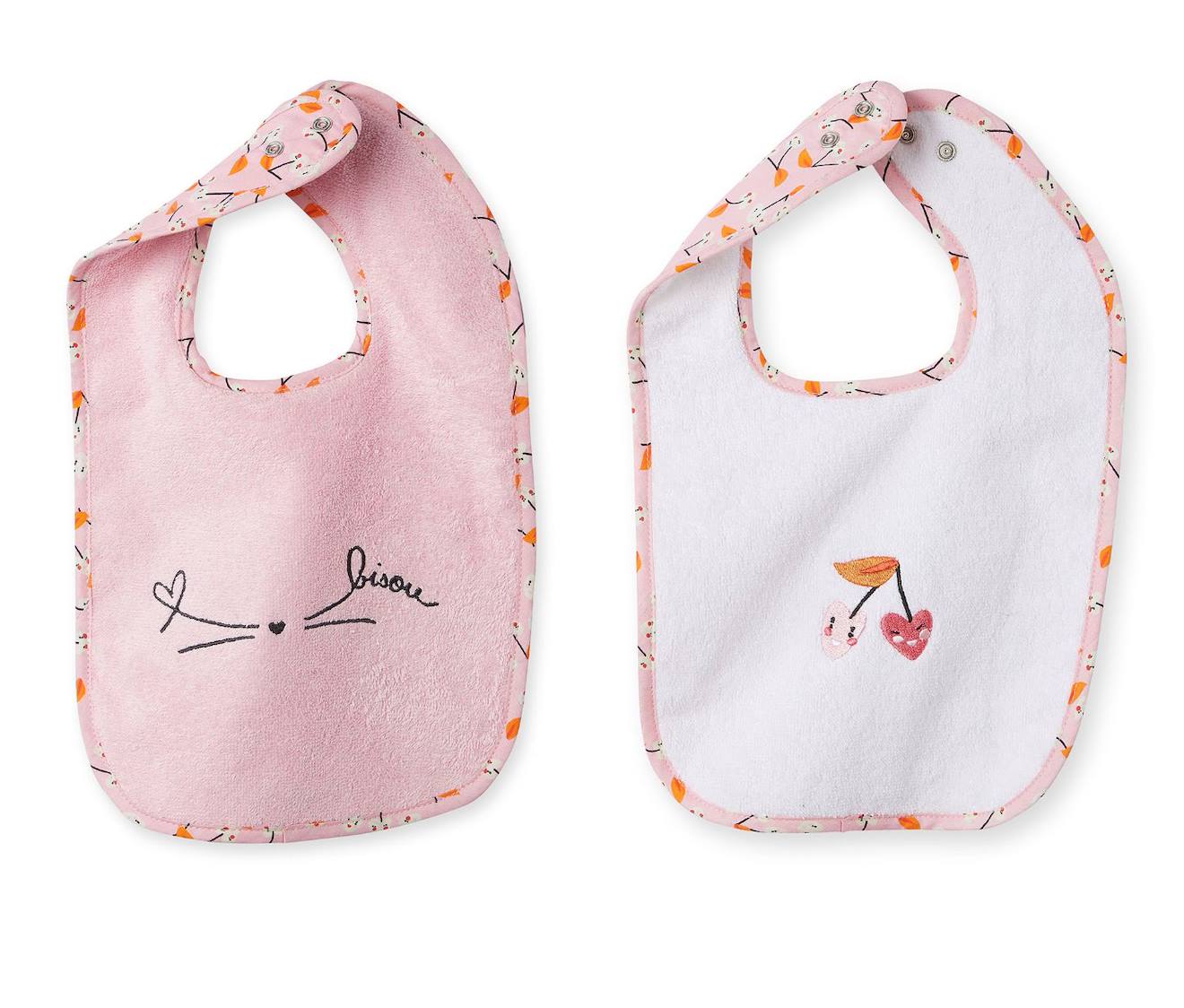 Lot De Deux Bavoirs Escapade Kawaii Coton Blanc Et Rose Blanc