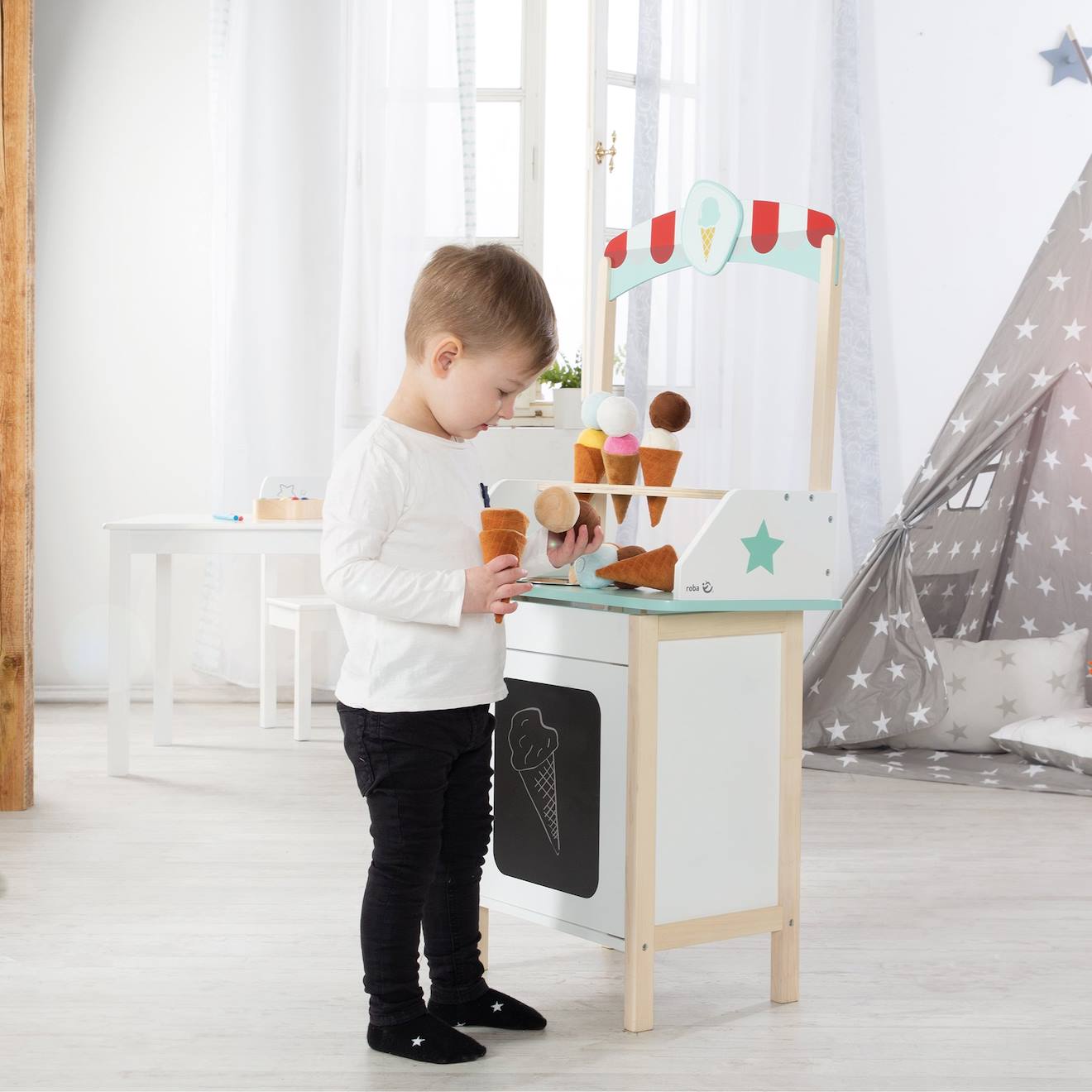 Épicerie En Bois Pour Enfant - 6 Casiers, 3 Tiroirs, Placard Et Horloge - Jeu De Rôle Dès 3 Ans - Blanc/gris