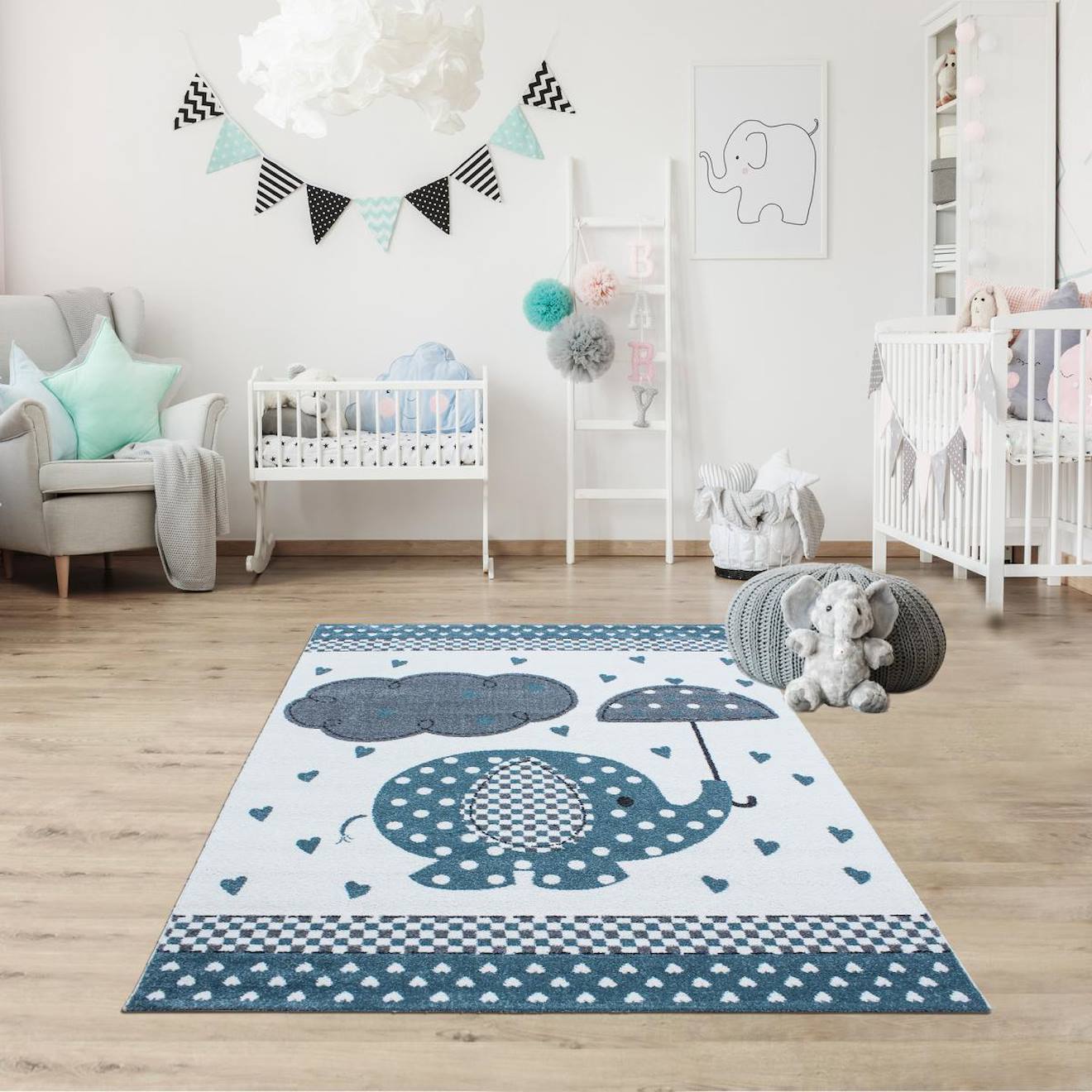 Tapis Enfant Tissé Motif Animaux Kid Rain Bleu