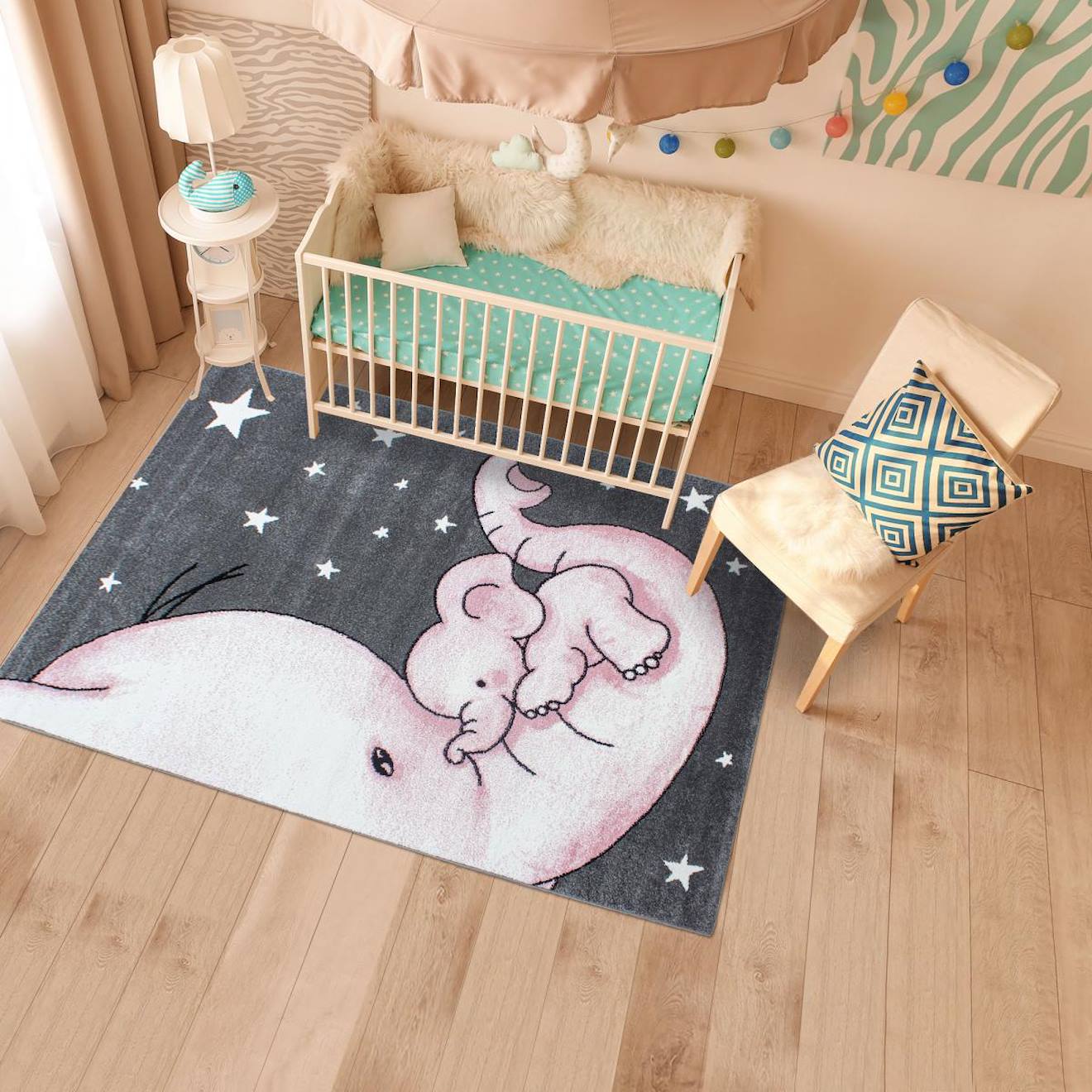 Tapis Enfant Tissé Motif Animaux Elephant Rose