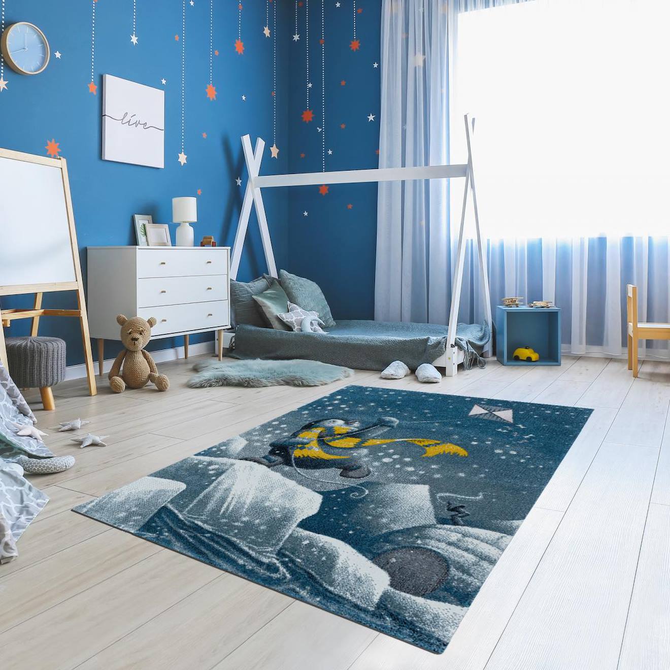 Tapis Enfant Tissé Motif Animaux Yelobear Bleu