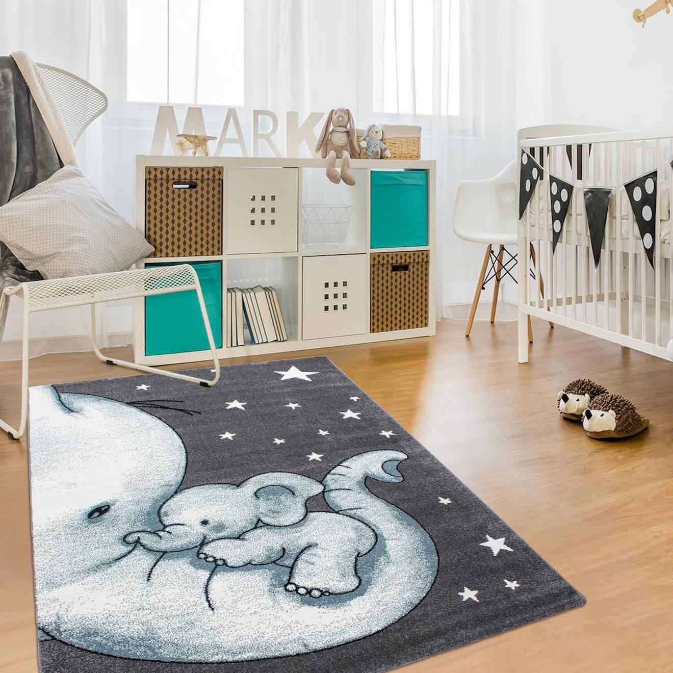 Tapis Enfant Tissé Motif Animaux Elephant Bleu