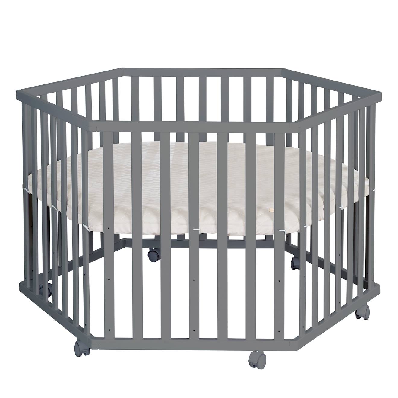 Parc Bébé Hexagonal + Tapis Déperlant En Cuir Végan Luxe Anthracite - Tapis Grège