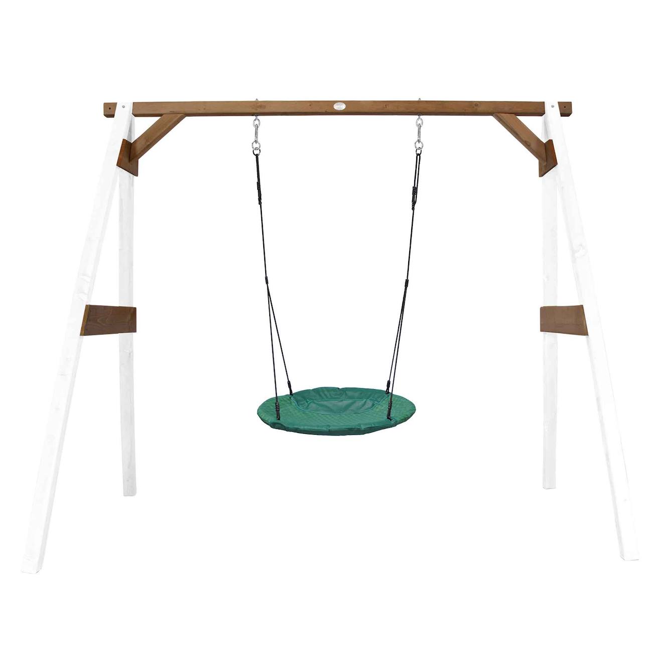 Portique En Bois Avec Balançoire Siège Nid Rond Blanc/marron