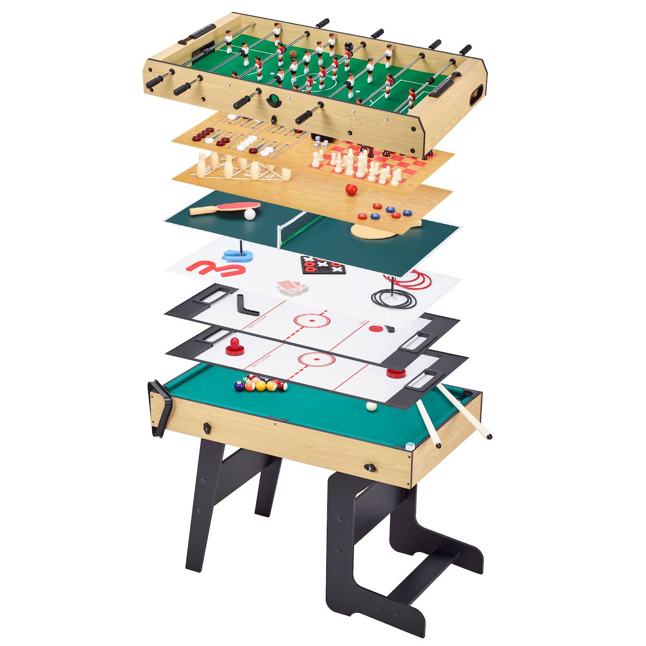 Table Multi Jeux Pliable 16 En 1 Baby-foot, Ping Pong, Billard, Bowling, Palets,... Marron