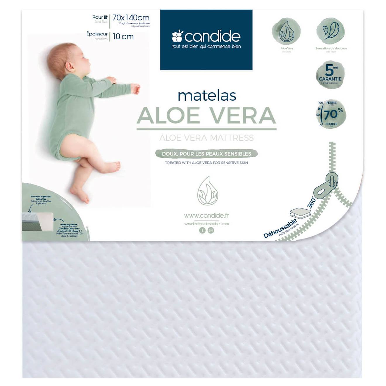 Matelas Bébé Aloé Vera Déhoussable 360° Blanc