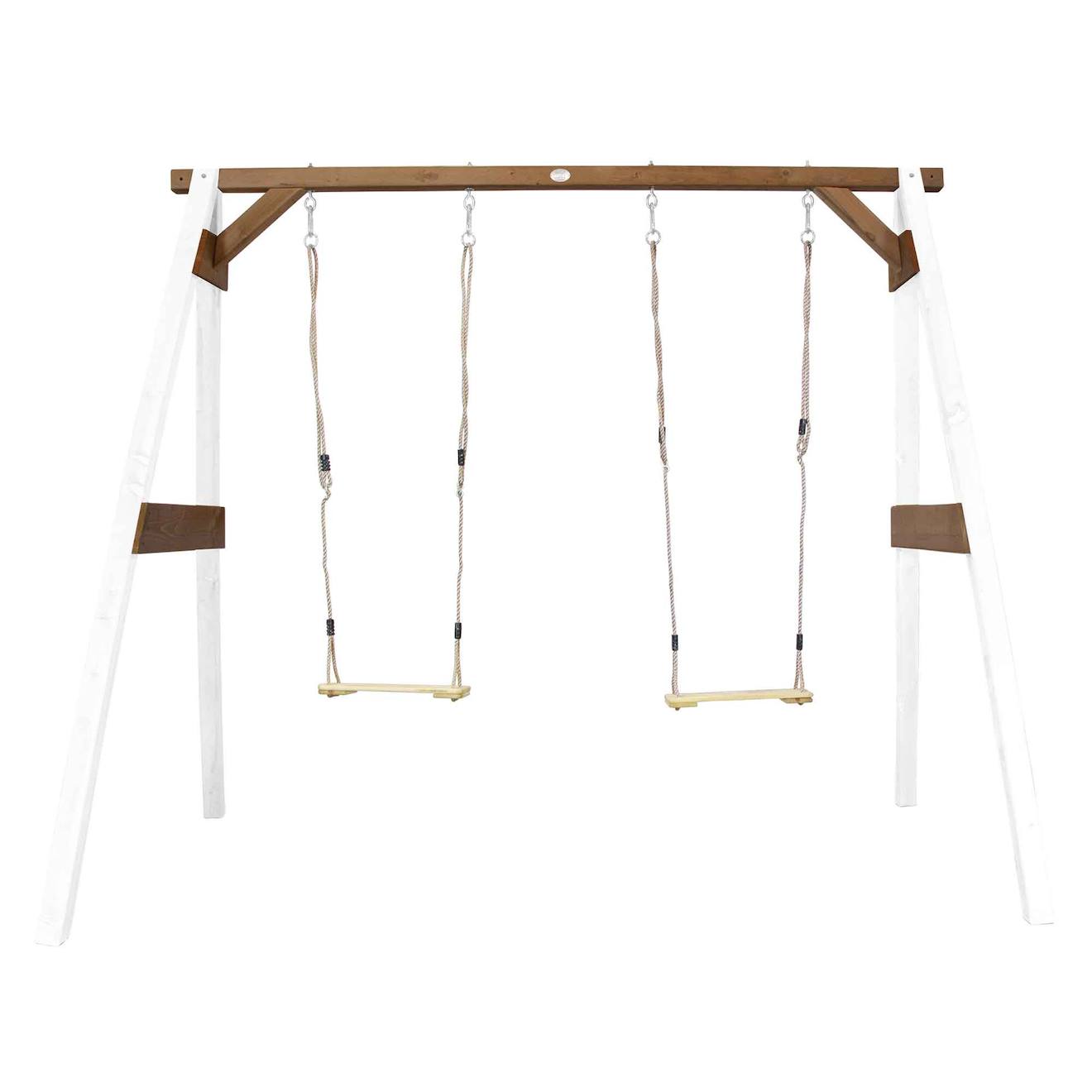 Portique En Bois Avec Balançoire Siège Nid Rond Blanc/marron